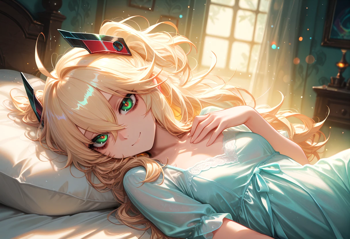 masterpiece, best quality, morning, dappled sunlight, bedroom, indoors, 1girl, nightgown, lying, on side, on bed, colorful, hand on own chest, pillow, from side, messy hair, smile <lora:RealisticAnimeIXL:0.5> bokeh, luminescent background, <lora:Tyber_Hipper Meta_AL_NOOB:1> HipperMETA, long hair, blonde hair, two-side up, hair between eyes, ahoge, green eyes, red pupils, bags under eyes, tsundere, small breasts, headgear,