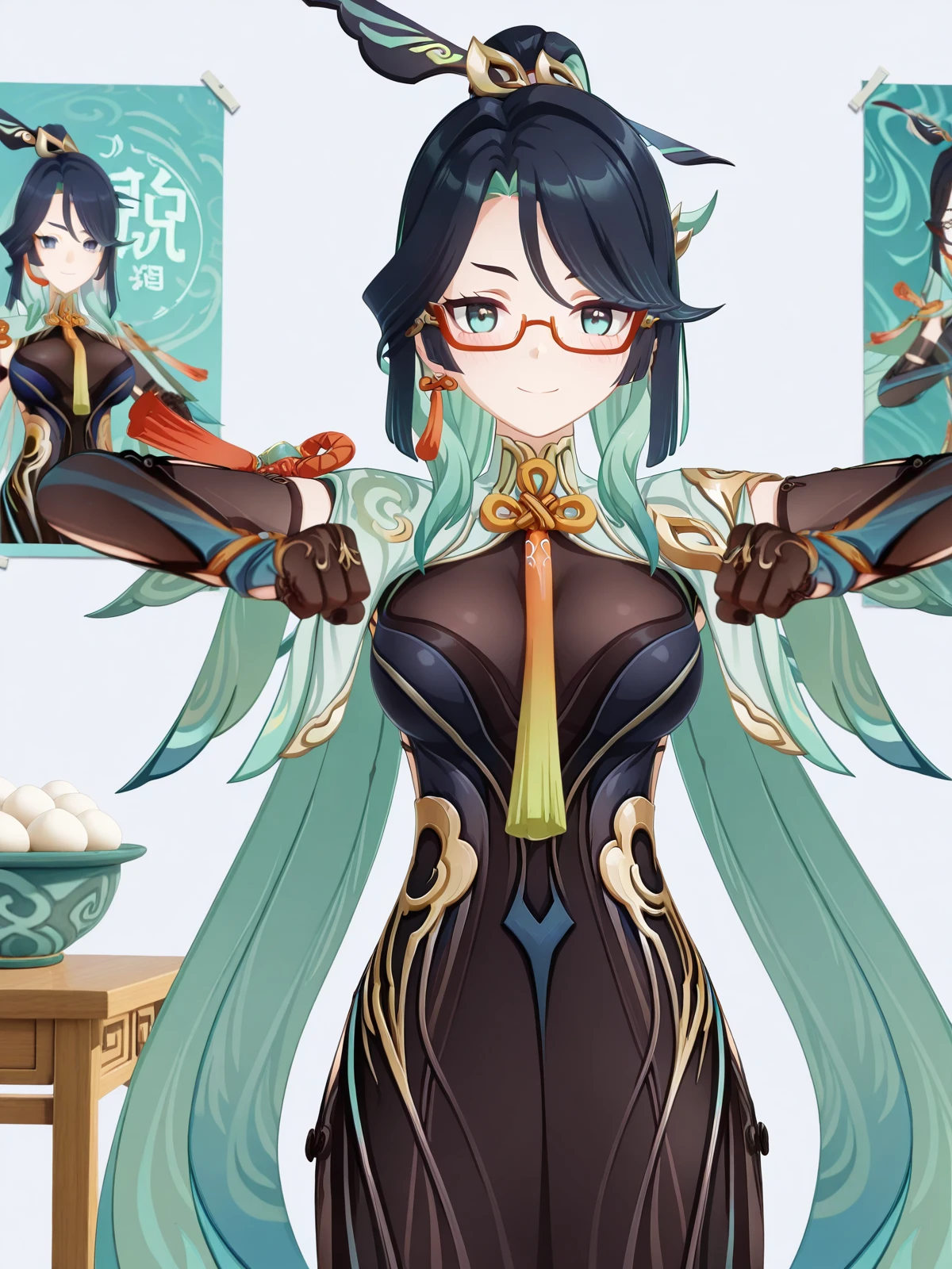 masterpiece, best quality, amazing quality,, <lora:genshin-xianyun-ingame-illustriousxl-lora-nochekaiser:1>, xianyun, xianyun (genshin impact), long hair, black hair, hair ornament, very long hair, blue hair, multicolored hair, green hair, glasses, two-tone hair, aqua eyes, aqua hair, colored inner hair, semi-rimless eyewear, red-framed eyewear, mature female, large breasts, 3d, long sleeves, gloves, dress, jewelry, earrings, black gloves, black dress, tassel, tassel earrings, <lora:mochi-mochi-dance-illustriousxl-lora-nochekaiser:1>, mochi mochi dance, clenched hands, hands up, smile, blush, clubroom, posters, meeting_table, decorations, student_council, cowboy shot, solo, looking at viewer,