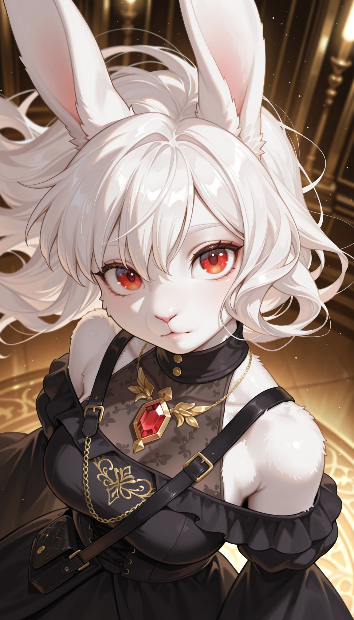 masterpiece, best quality, amazing quality, very aesthetic, 4k, high resolution, ultra-detailed, absurdres, newest, scenery, 1girl, furry, anthro, solo, rabbit girl, clothed, body fur, white rabbit, white fur, fluffy, medium breasts, long white hair, floating hair, looking at viewer, upturned eyes, cute, head tilt, red eyes, big eyes, (luxurious gothic:1.2) turtleneck off-shoulder strap black dress, (red gem, gold embedded clothes:1.2), long detached puffy wide sleeves, upper body, long rabbit ears, portrait, close-up, from above, dutch angle, rim light, BREAK, eyes, detailed eyes, detailed background, detailed hair, depth of field, detailed fluffy fur, photorealistic details, volumetric lighting