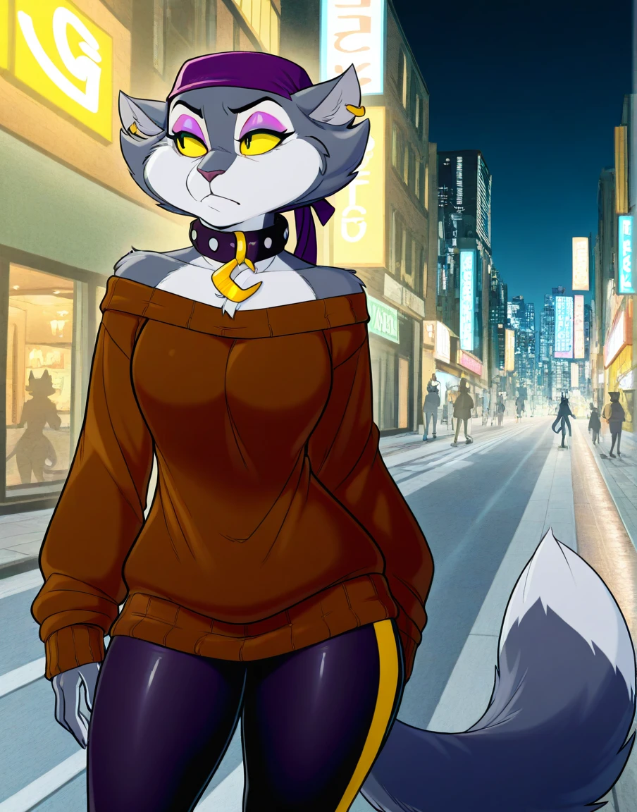 masterpiece, best quality, high resolution, solo, city street, night,
msfortune, female, anthro, cat, grey fur, makeup, yellow sclera, ring piercing, bandana, collar, crescent pendant, brown sweater, yoga pants, looking away, , , ,
by grapeyguts, <lora:MsFortuneXL_050-Illus-nd32-na32-lr1-b2-ep06:1>