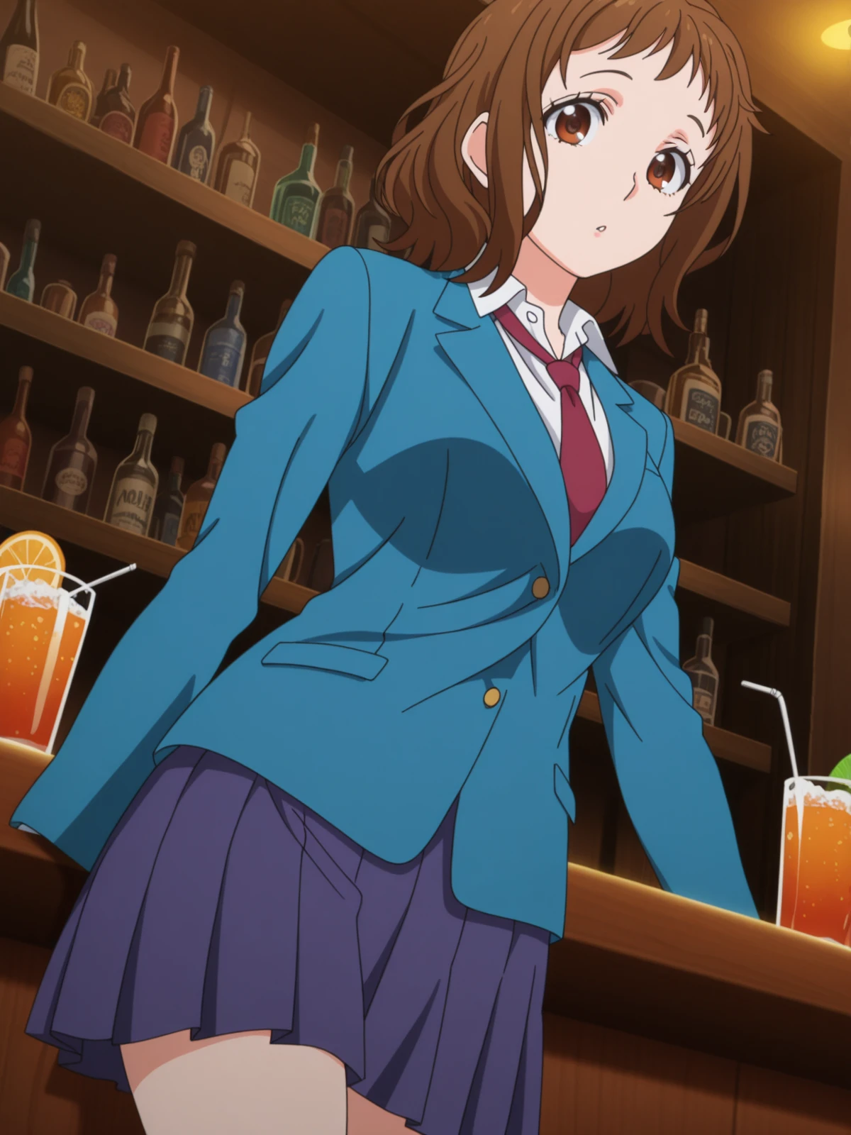 masterpiece, best quality, amazing quality,, <lora:miou-aida-movie-illustriousxl-lora-nochekaiser:1>, miou aida, short hair, brown hair, brown eyes, mature female, , anime screencap, skirt, jacket, pleated skirt, necktie, blazer, blue blazer, shirt, white shirt, collared shirt, red necktie, blue skirt,, from below, bar, drinks, stools, counter, nightlife, cowboy shot, solo, looking at viewer,