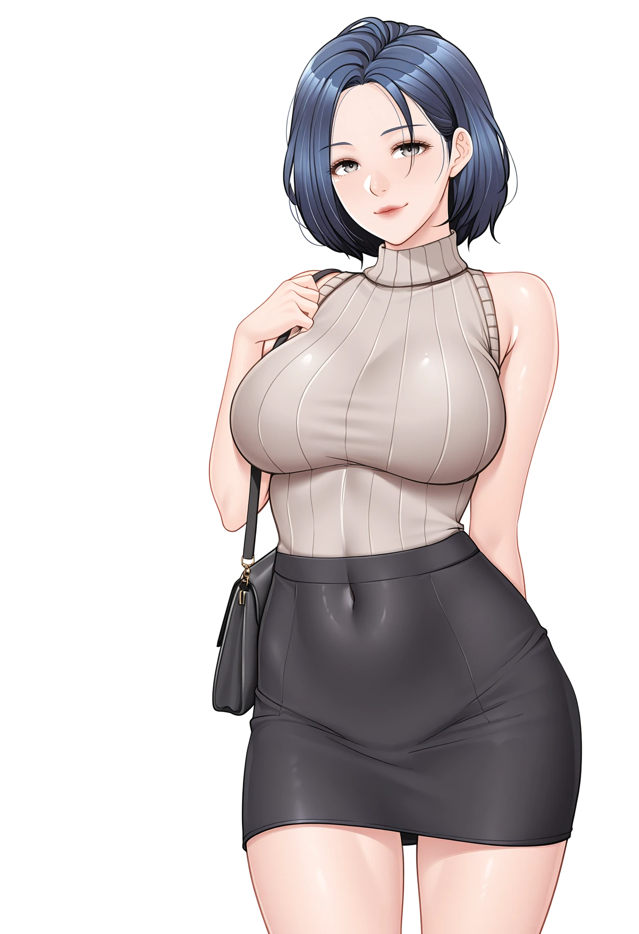 <lora:lazypos:1> lazypos,
simple background, front view, 1girl, from front,white background,
1girl, standing, looking at viewer,  seductive eyes, horny,  cowboy shot, soft smile,
<lora:aboveBelow1.3_alpha1.0_rank16_full_900steps:-1>,
 <lora:lee_sunah:1> lee_sunah, blue hair, grey eyes, hair behind ear, short hair, lips, large breasts, outfit6, pencil skirt, handbag, sleeveless sweater, bag, black skirt, sleeveless turtleneck, covered navel, ribbed sweater, high heels, grey sweater,