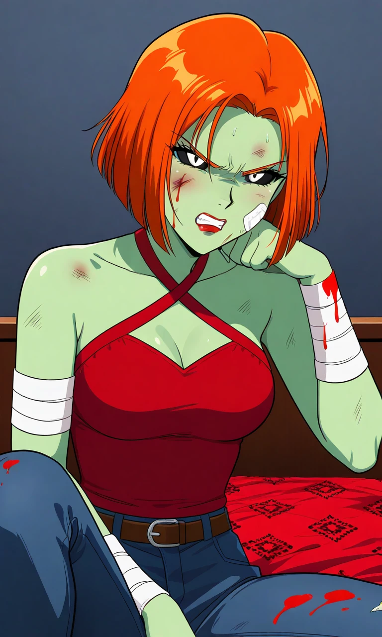 solo,S41l0rm00n, anime style, artstyle,1woman,green skin,short hair,orange hair,black sclera,black eyes,red lips,angry, clenched teeth, bruise on face, blood on clothes, bandaid on face, bandaged arm, red tank top, criss-cross halter, brown belt, jeans, sitting, on bed, red bedding,patterned bedding