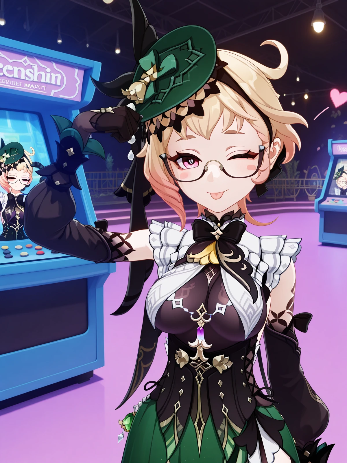 masterpiece, best quality, amazing quality,, <lora:genshin-emilie-ingame-illustriousxl-lora-nochekaiser:1>, emilie, emilie (genshin impact), short hair, blonde hair, pink eyes, ahoge, multicolored hair, glasses, gradient hair, semi-rimless eyewear, mature female, medium breasts, 3d, bare shoulders, black bow, black bowtie, black corset, black gloves, black ribbon, black shirt, bowtie, breast curtains, corset, detached sleeves, fascinator, green hat, green skirt, hat, long sleeves, side slit, skirt, sleeveless, sleeveless shirt,, <lora:dojikko-pose-illustriousxl-lora-nochekaiser:1>, dojikko pose, blush, heart, blush stickers, smile, tongue out, arm up, looking at viewer, one eye closed, arcade, games, lights, fun, retro, cowboy shot, solo, looking at viewer,