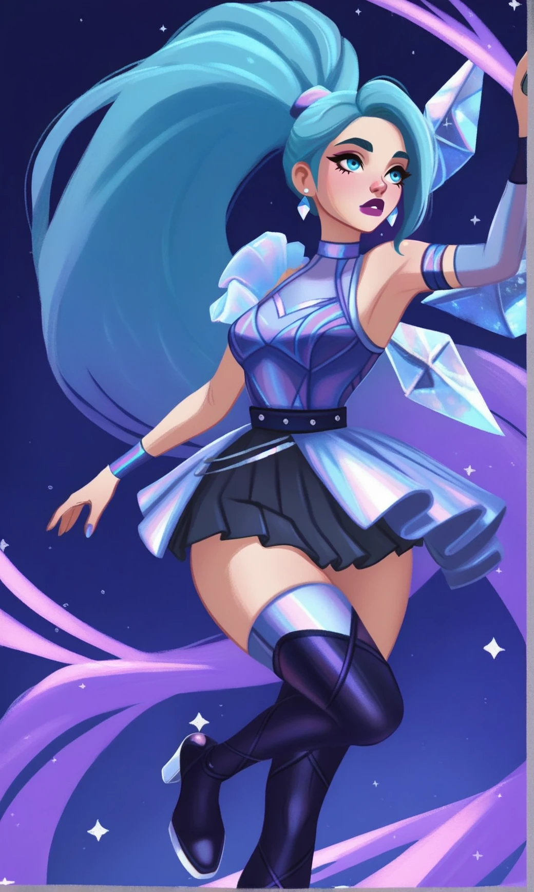 masterpiece, best quality, amazing quality, absurdres,
, , , , <lora:KDA_ALLO_SS_Seraphine-e100_s1300:1> KDA_A_O_SSt_Seraphene, long hair, aqua blue hair, high ponytail, side-swept bang, blue eyes, slim body, purple blue outfit ,sleeveless dress, crossed straps, dark pleated skirt, thigh-high boots, heels, blue arm bands , single sleeve, dynamic pose, <lora:MSMLN-IL:1> MSMLN,