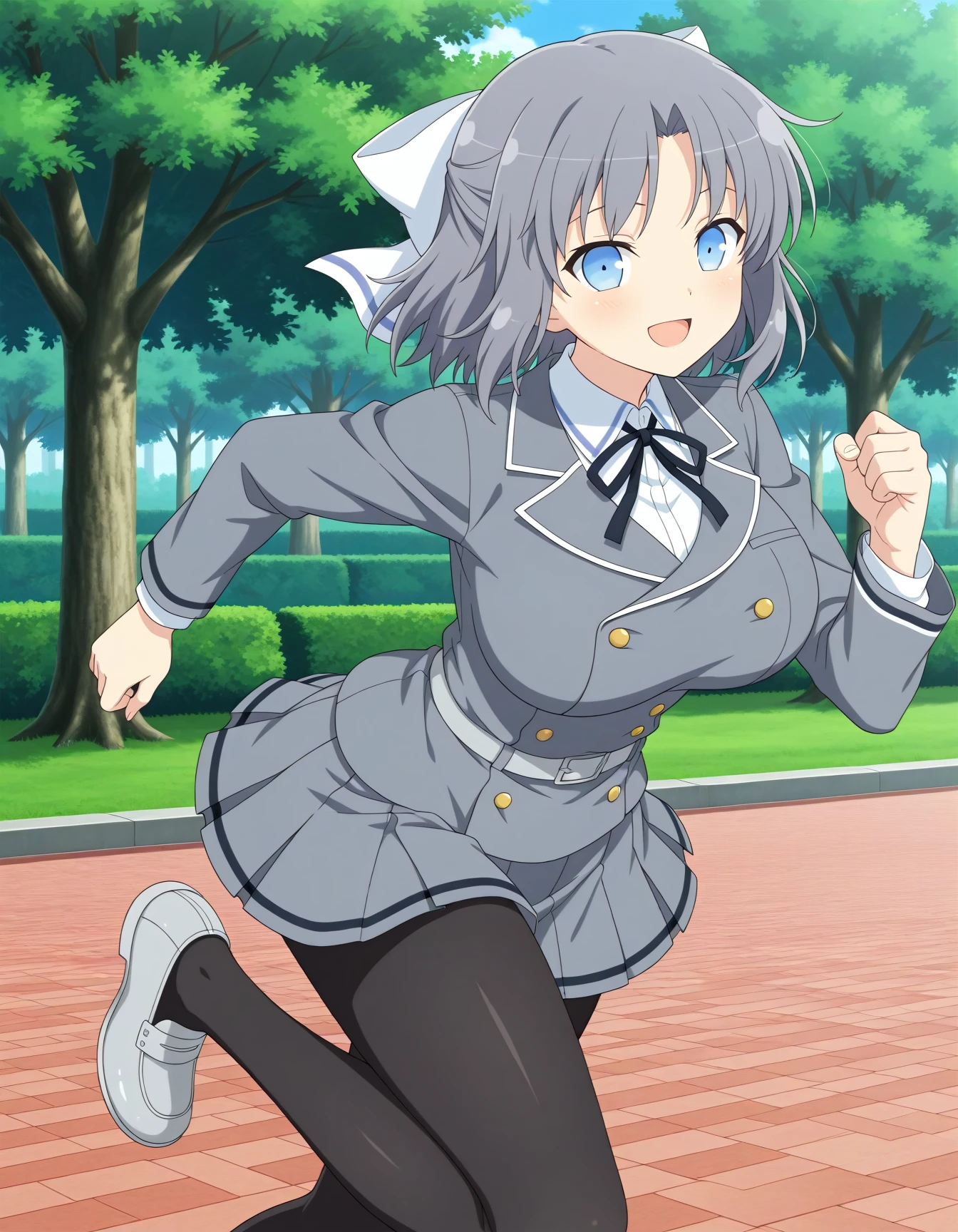 official style,masterpiece,best quality,very aesthetic,absurdres,newest,anime coloring,anime screencap,anime style,<lora:A dmd2-lighting8step_cfg1.5:1>,yumi \(senran kagura\),short hair,grey hair,blue eyes,white hair bow,large breasts,grey jacket,school uniform,black neck ribbon,white shirt,double-breasted,black pantyhose,grey belt,grey skirt,grey footwear,<lora:Yumi_V3:1>,blush,solo,smile,park,open mouth,running,