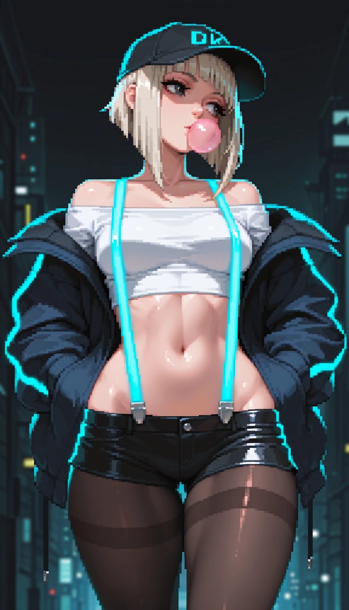 masterpiece, best quality, amazing quality, 4k, very aesthetic, ultra-detailed, (pixel art, dithering, pixelated, sprite art, 8-bit:1.2), very awa, neon rim light, dark, 1girl, shiny dark eyes, platinum blonde,inverted bob, sidelocks over shoulder, oversized baseball cap, chewing gum, medium breasts, crop top white shirt, midriff, navel, dark blue open jacket, off-shoulder, wide hips, huge butt, thick thighs, skindentation (lowleg:1.2) black latex short shorts, black pantyhose, (glowing neon suspenders:1.2), looking away, hands in jacket pockets, walking, twisty pose, head tilt, wide shot, cowboy shot, from below, dutch angle, dynamic, face focus, fine fabric emphasis, shiny skin, cyberpunk, BREAK, eyes, detailed eyes, depth of field, volumetric lighting