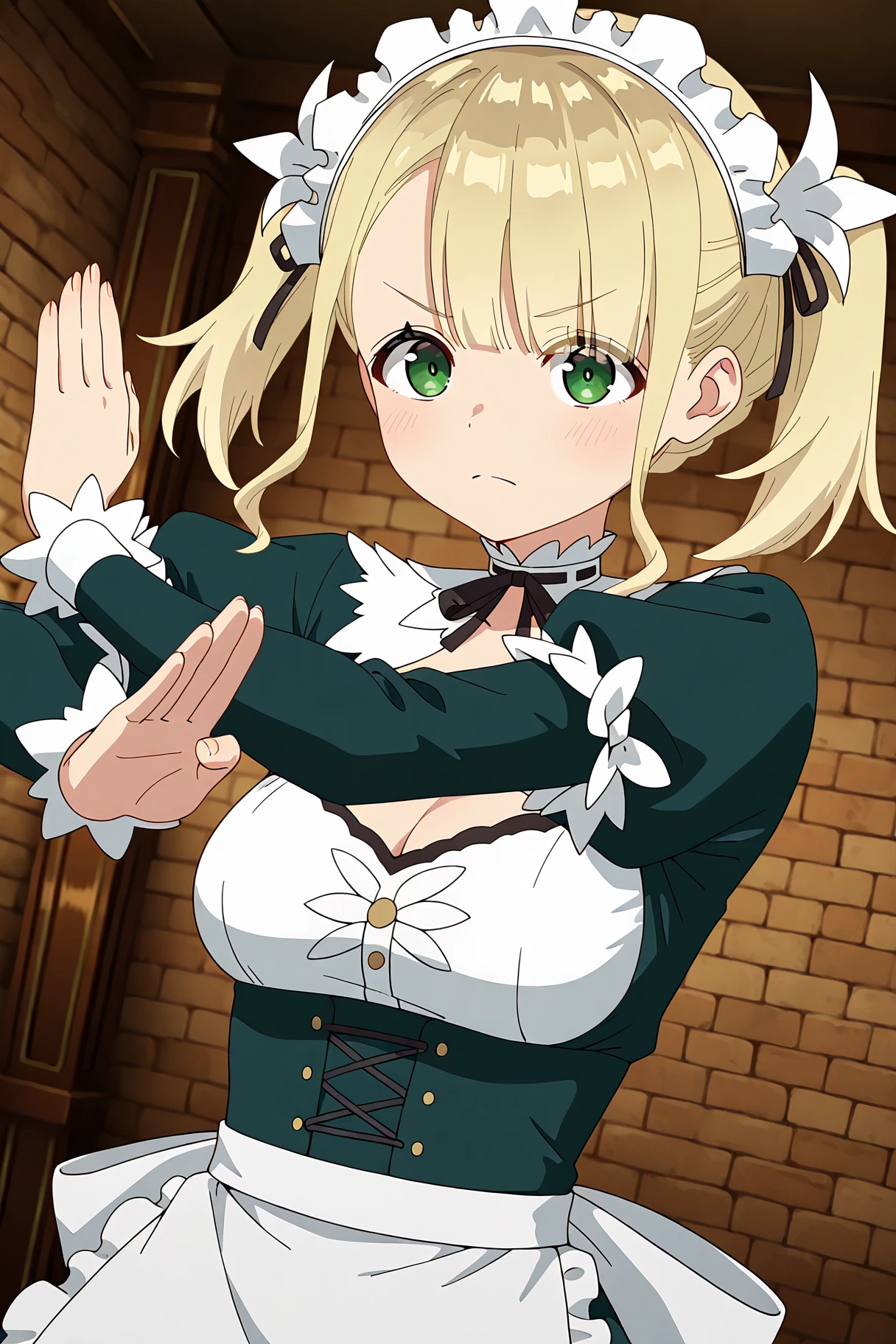 masterpiece, best quality, absurdres, very aesthetic, general,
ellie walker, 1girl, green eyes, blonde hair, solo, maid, twintails, blush, fighting stance, cleavage, maid headdress, looking at viewer, hair ornament, black ribbon, closed mouth, juliet sleeves, frown, eyebrows visible through hair, upper body, eyes visible through hair, short hair, hair ribbon, long hair, pose, short twintails, medium breasts, v-shaped eyebrows, dutch angle, detached collar, green dress, choker, brick wall, black neckwear, large breasts, neck ribbon, enmaided, frills, puffy long sleeves, fingernails, sidelocks, braid, small breasts, maid apron, blurry background, serious, ribbon trim, cleavage cutout, asymmetrical bangs, underbust, corset, hands up, indoors, medium hair, white bow
<lora:ellie_walker_illustXL_locon_v1:0.8>