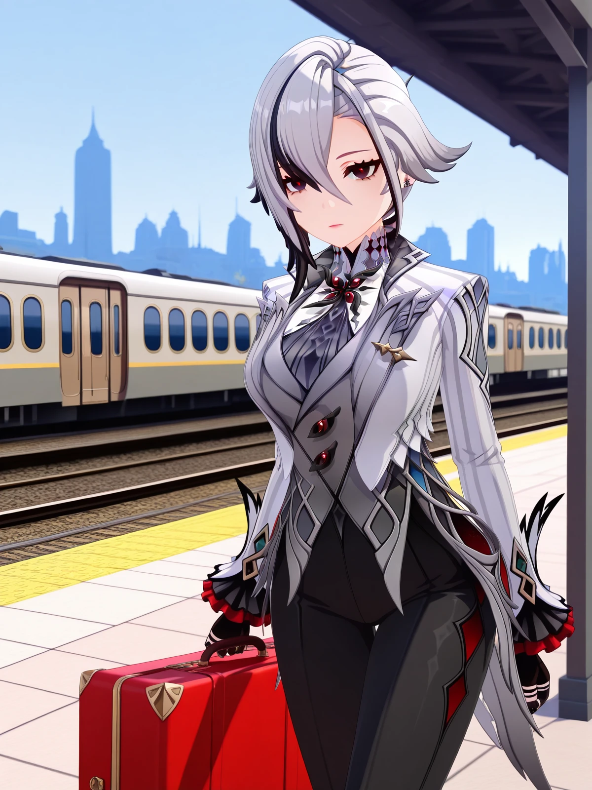 masterpiece, best quality, amazing quality,, <lora:genshin-arlecchino-ingame-illustriousxl-lora-nochekaiser:1>, arlecchino, arlecchino (genshin impact), short hair, black hair, hair between eyes, white hair, grey hair, multicolored hair, black eyes, two-tone hair, streaked hair, symbol-shaped pupils, red pupils, x-shaped pupils, mature female, large breasts, 3d, long sleeves, gloves, jacket, black gloves, pants, coat, black pants, suit,, hands behind back, bent over,, train station, waiting for train, suitcase, traveling, commute, city skyline, hands behind back, cowboy shot, solo, looking at viewer,