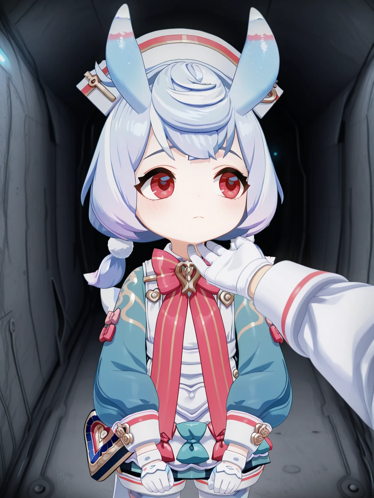 masterpiece, best quality, amazing quality,, <lora:genshin-sigewinne-ingame-illustriousxl-lora-nochekaiser:1>, sigewinne, hair ornament, red eyes, animal ears, twintails, blue hair, purple hair, multicolored hair, gradient hair, low twintails, short twintails, pom pom hair ornament, 3d, long sleeves, gloves, dress, hat, bow, pantyhose, puffy sleeves, white gloves, bowtie, apron, blue dress, white headwear, pink bow, white apron, white pantyhose, pom pom (clothes), nurse cap, pink bowtie, aqua dress,, <lora:stroking-anothers-chin-pov-illustriousxl-lora-nochekaiser:1>, stroking another's chin pov, stronking another's chin, pov, pov hands, blush, cowboy shot, looking to the side,, bunker, underground, secure, concrete, dark, cowboy shot, solo, looking at viewer,