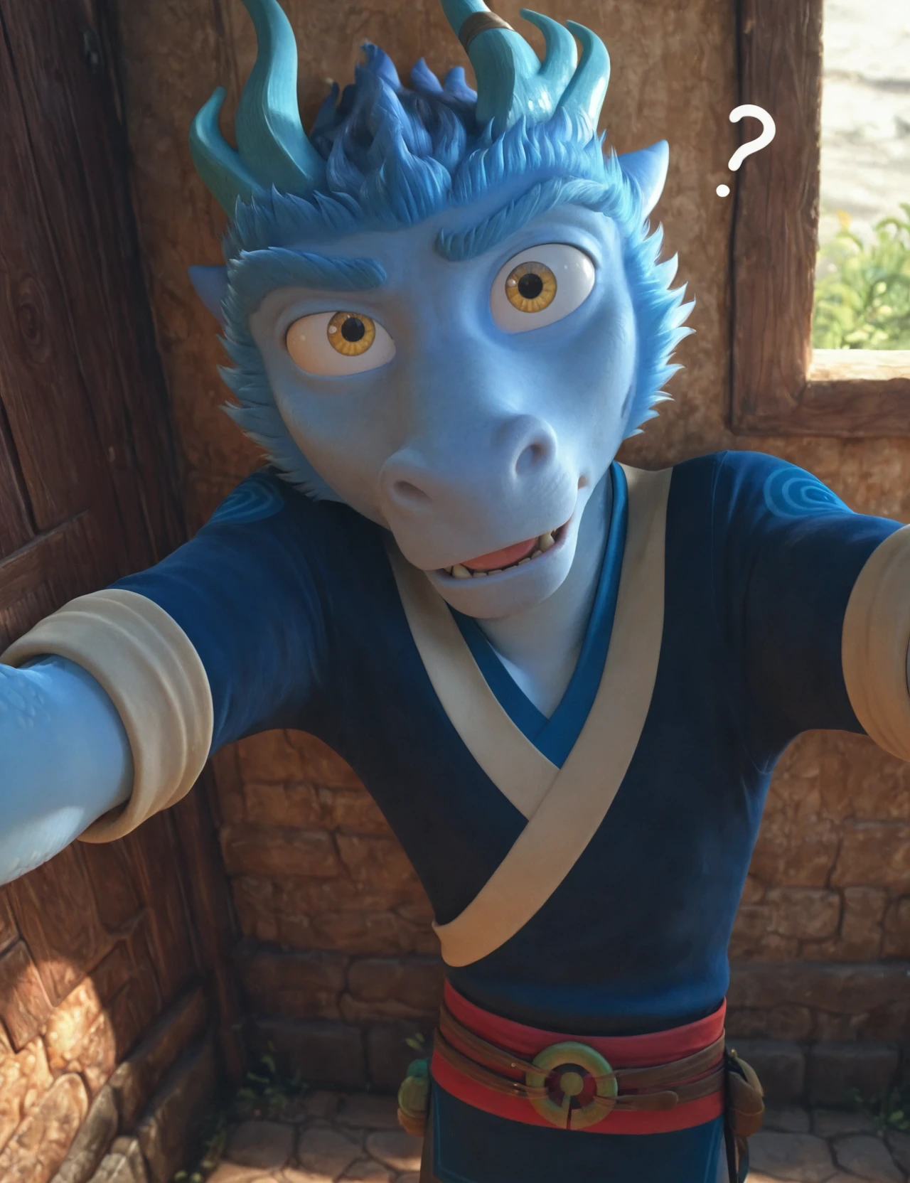 masterpiece,best quality,amazing quality, 1boy, solo, h3i, solo, anthro, male, dragon, horn, hair, scalie, scales, clothing, mammal, standing, looking at viewer,curious,confused, huh?,single raised eyebrow,inspecting viewer, kabedon on viewer, <lora:h3i_IL:0.9>