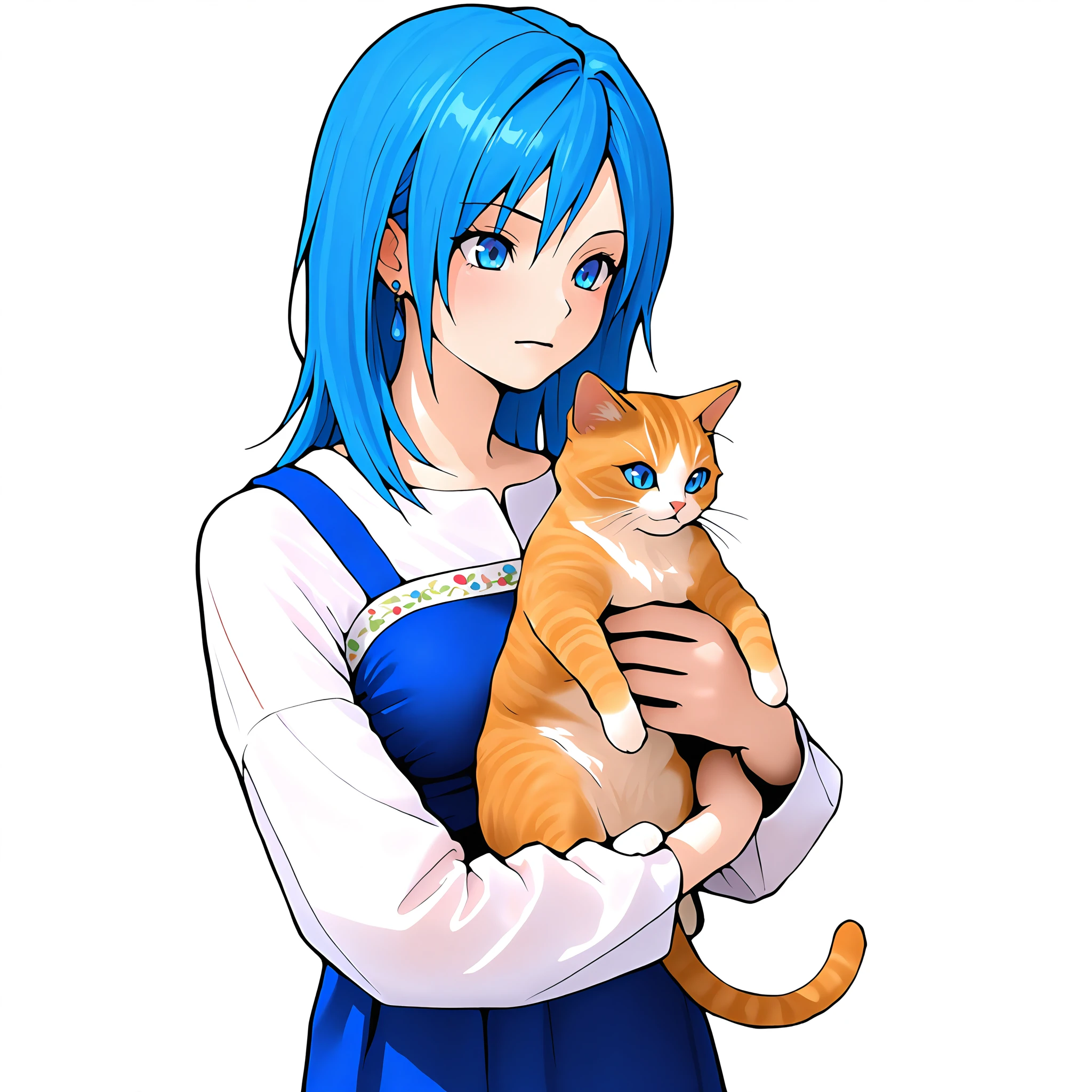 <lora:VeneAnsbachV2_illustrious:1>,sb_vene,white shirt, medium hair, earrings,blue dress, long dress, pinafore dress, long sleeves, 1girl, solo, simple background, boots,blue eyes,blue hair,jewelry, white trim,petticoat, upper body,white background,cat,holding_cat,indoors, masterpiece, best quality, amazing quality, newest,detailed face, beautiful eye