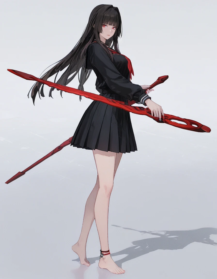 masterpiece,best quality,amazing quality,very aesthetic,high resolution,ultra detailed,perfect details,
<lora:maipgrsaotomeyuka:1>,maipgrsaotomeyuka1girl,mature female,age_up,long_hair,hime_cut,sidelocks,black_hair,red_eyes,black_serafuku,red neckerchief,pleated_skirt,black_skirt,barefoot,anklet,full body,holding weapon, <lora:96YOTTEA-WAI:1>,short skirt,