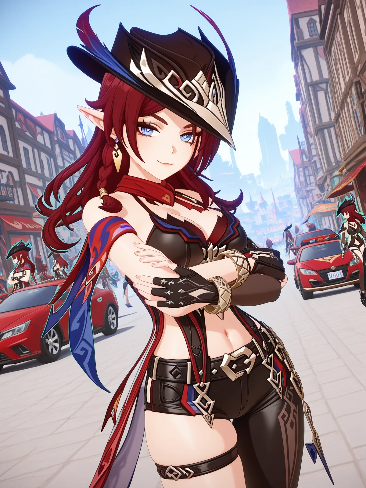 masterpiece, best quality, amazing quality,, <lora:genshin-chasca-ingame-illustriousxl-lora-nochekaiser:1>, chasca, chasca (genshin impactt), long hair, blue eyes, braid, red hair, pointy ears, elf, mature female, medium breasts, 3d, gloves, hat, navel, cleavage, jewelry, bare shoulders, earrings, shorts, black gloves, belt, fingerless gloves, scarf, bracelet, black headwear, thigh strap, single thighhigh, red scarf, hat feather, asymmetrical clothes, crossed arms, smug, city, buildings, streets, cars, people, cowboy shot, solo, looking at viewer,