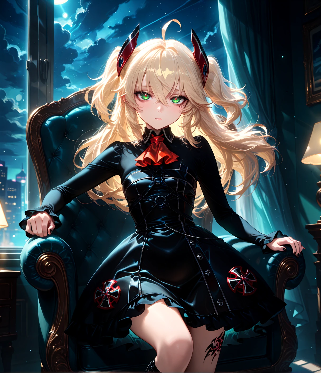 masterpiece, best quality, anime, BREAK 1girl , masterpiece, best quality, anime, BREAK 1girl, solo, looking at viewer, cowboy shot,chair, indoors, <lora:RealisticAnimeIXL:0.4> bokeh, luminescent background, <lora:Dramatic Lighting Slider:4> (night:1.4),blue light ,cloudy sky, one arm resting on knee, casual pose, tired expression, <lora:Tyber_Hipper Meta_AL_NOOB:1> HipperMETA, long hair, blonde hair, two-side up, hair between eyes, ahoge, green eyes, red pupils, bags under eyes, tsundere, small breasts, headgear, black collared shirt, long sleeves, red ascot, black sleeveless dress, frilled dress, short dress, chest strap, black nails, iron cross, leg tattoo, ankle strap, black lace-up platform boots,