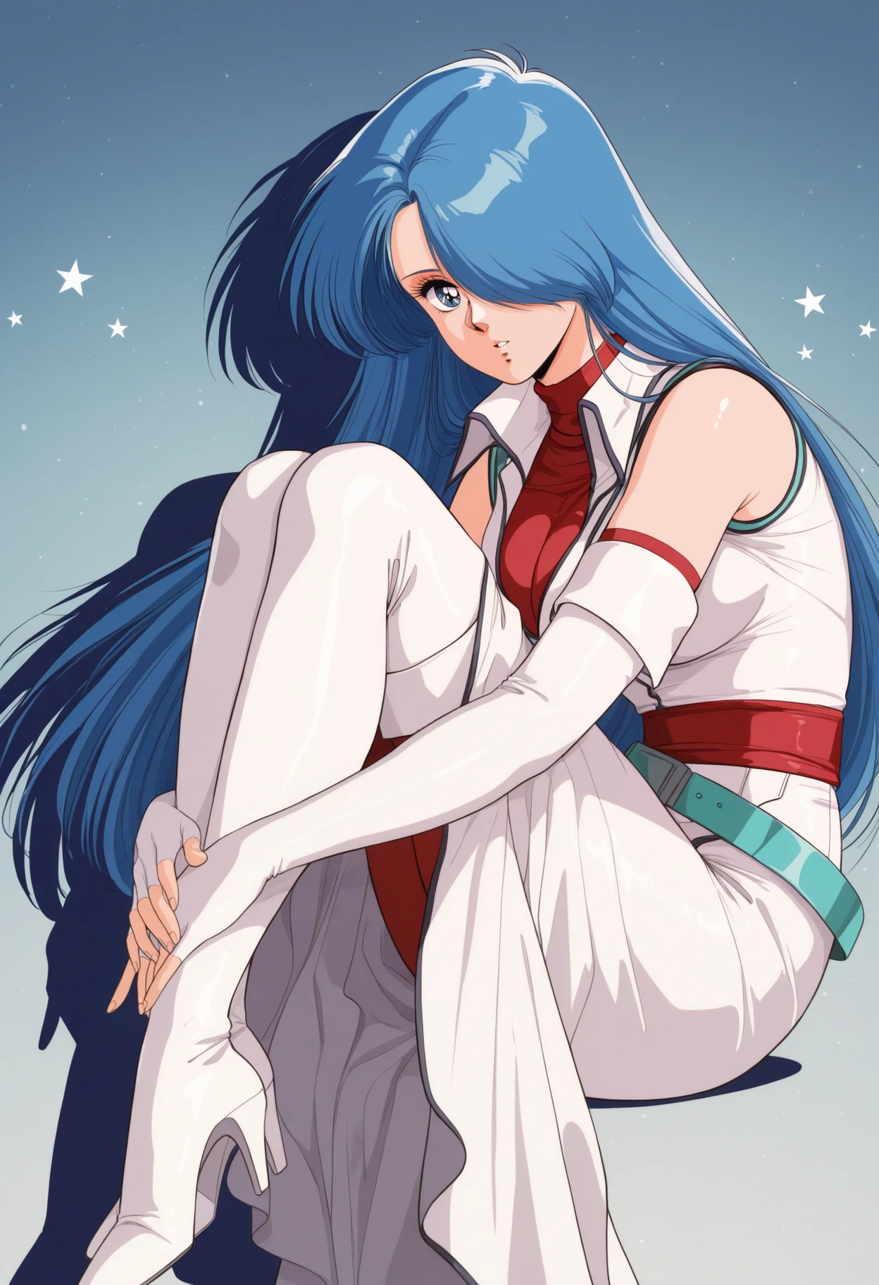 masterpiece, best quality, 1girl, 1980s \(style\), 1girl, hugging own legs, parted lips, eyelashes, drop shadow, invisible chair, <lora:LuciaFE-illu:1> p0rLuc, blue hair, hair over one eye, long hair, blue eyes, white jacket, bare shoulders, red turtleneck, large breasts, elbow gloves, white gloves, fingerless gloves, red sash, teal belt, red pantyhose, white skirt, long skirt, thigh boots, white footwear, high heel boots, abstract background, star \(symbol\)