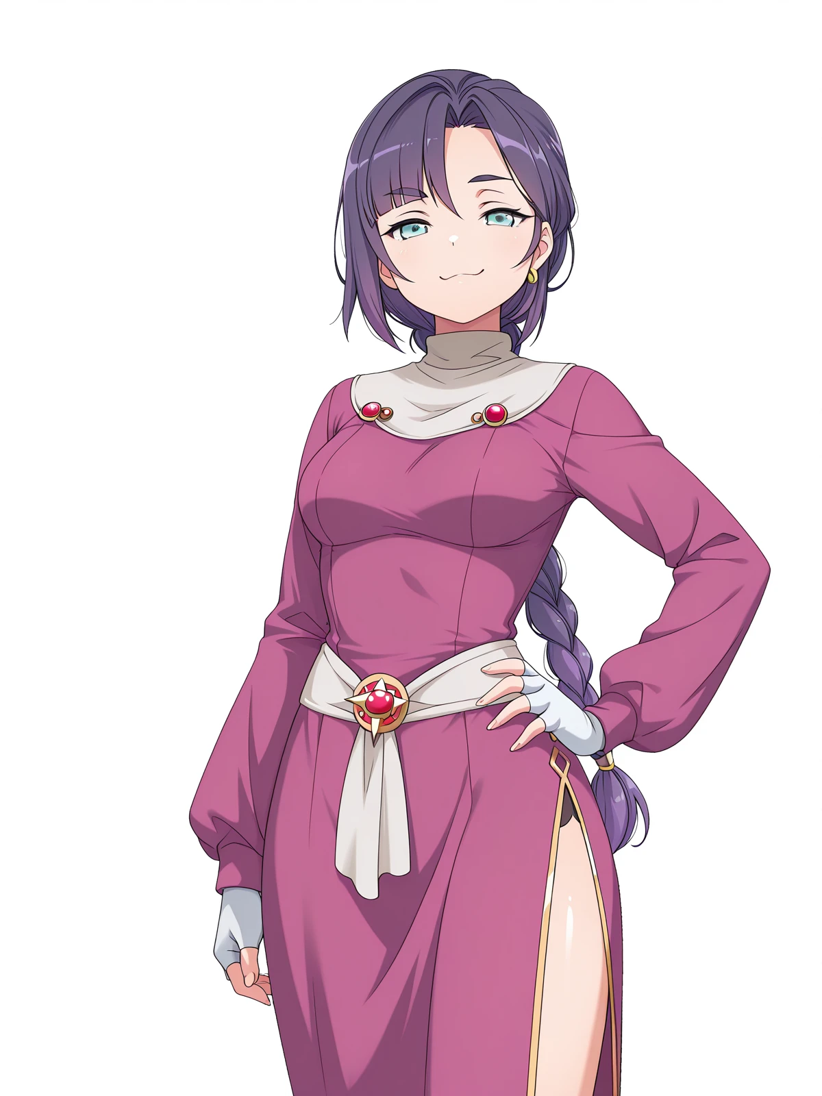 masterpiece, best quality, amazing quality,, <lora:mona-oc-illustriousxl-lora-nochekaiser:1>, mona, blue eyes, purple hair, long hair, braid, braided ponytail, parted bangs, mature female, medium breasts, anime screencap, fingerless gloves, hoop earrings, jewelry, white muffler scarf, side slit, pink dress, long sleeves, smug, hand on own hip,, Buildings, architecture, man_made, urban, interior, cowboy shot, solo, looking at viewer, <lora:transparent-background-illustriousxl-lora-nochekaiser:1>, transparent background, simple background, white background