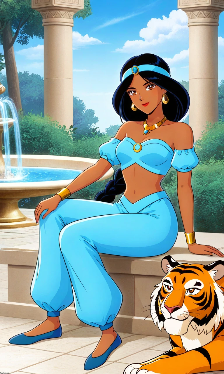 solo,S41l0rm00n, anime style, artstyle,1girl, dark-skinned female,black hair, long hair, single braid, brown eyes,blue hairband,blue gemstone, gold earrings, gold necklace, gold bracelets,red lips,blue shirt, crop top,off-shoulder, bracelets,harem pants,navel,blue pants,tiger, fountain, tree, bush,water,light smile,  arabian clothes, flat shoes,blue footwear, sitting, on ground, arabian architecture