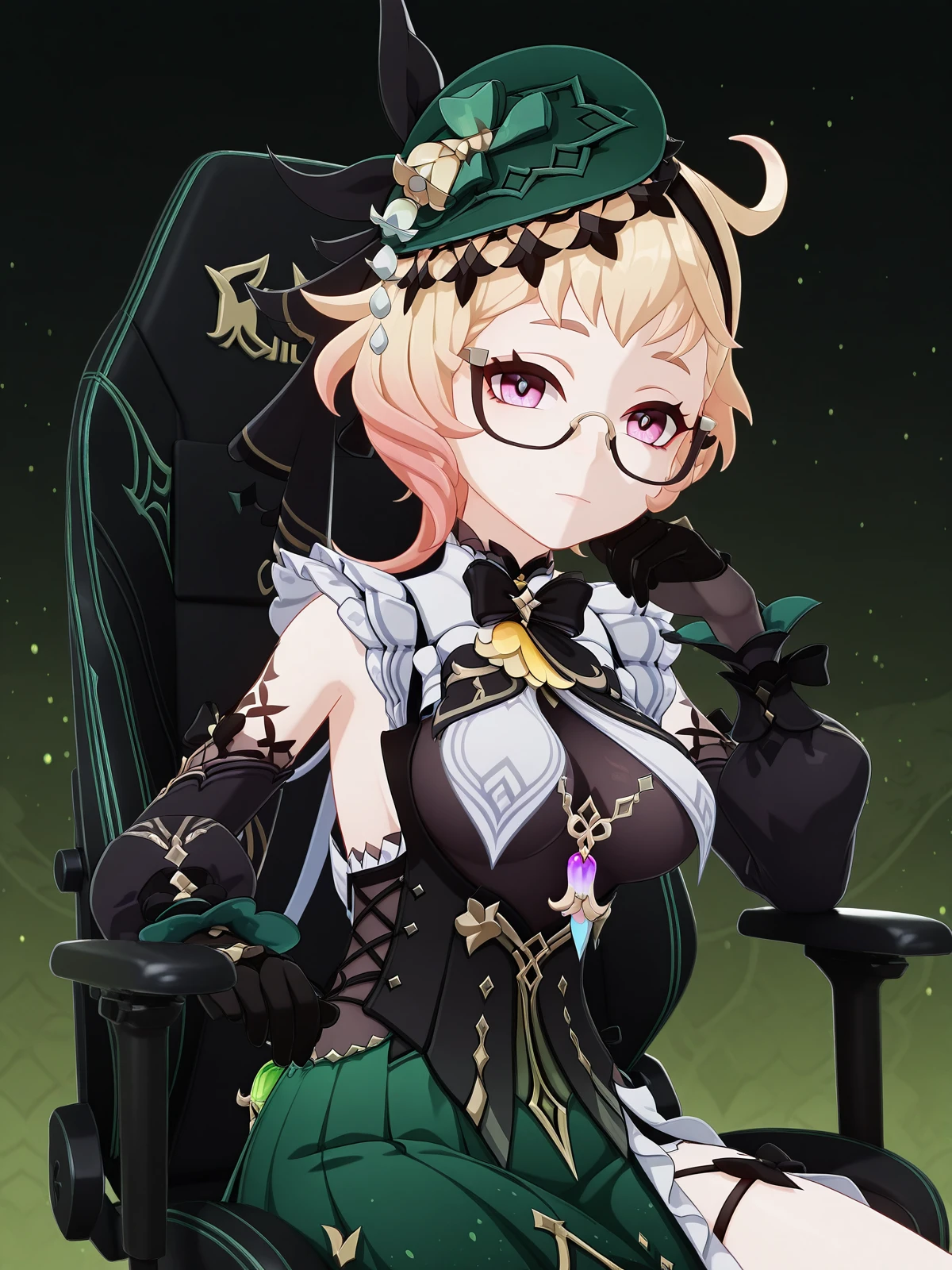 masterpiece, best quality, amazing quality,, <lora:genshin-emilie-ingame-illustriousxl-lora-nochekaiser:1>, emilie, emilie (genshin impact), short hair, blonde hair, pink eyes, ahoge, multicolored hair, glasses, gradient hair, semi-rimless eyewear, mature female, medium breasts, 3d, bare shoulders, black bow, black bowtie, black corset, black gloves, black ribbon, black shirt, bowtie, breast curtains, corset, detached sleeves, fascinator, green hat, green skirt, hat, long sleeves, side slit, skirt, sleeveless, sleeveless shirt,, <lora:secretlab-chair-illustriousxl-lora-nochekaiser:1>, secretlab chair, chair, office chair, gaming chair, sitting, cowboy shot, elbow rest, armory, weapons, armor, storage_racks, military, cowboy shot, solo, looking at viewer,