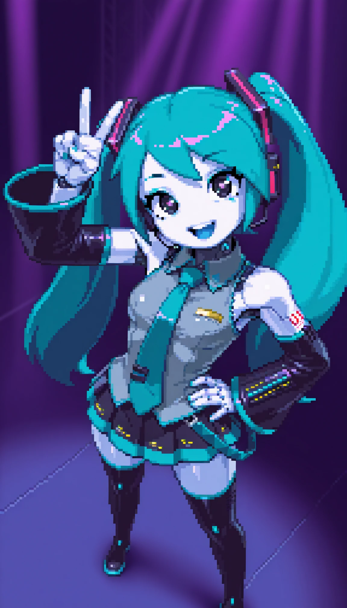 masterpiece, best quality, amazing quality, 4k, very aesthetic, ultra-detailed, (pixel art, dithering, pixelated, sprite art, 8-bit:1.2), cartoon, dramatic light, 1girl, solo, (jenny wakeman:1.3) AND hatsune miku, (robot, android, part lines:1.2), (white skin, metalic skin, ceramic skin:1.2), collared wide detached sleeve grey shirt, necktie, skirt, thighhighs, (no nose:1.2), [shiny black eyes:symbol-shaped pupils:13], bright pupils, big eyes, one eye half-closed, (winking:0.8), open mouth, smile, blue tongue, standing, posing, twisty pose, head tilt, legs apart, long hair, small breasts, wide hips, narrow waist, from above, face focus, dutch angle, v, one hand on hip, cyberpunk, stage, blue neon, spot light, fine shiny fablic emphasis, BREAK, robot white hands, fingers, eyes, extremely detailed eyes, photorealistic detail, detailed background, volumetric lighting, depth of field