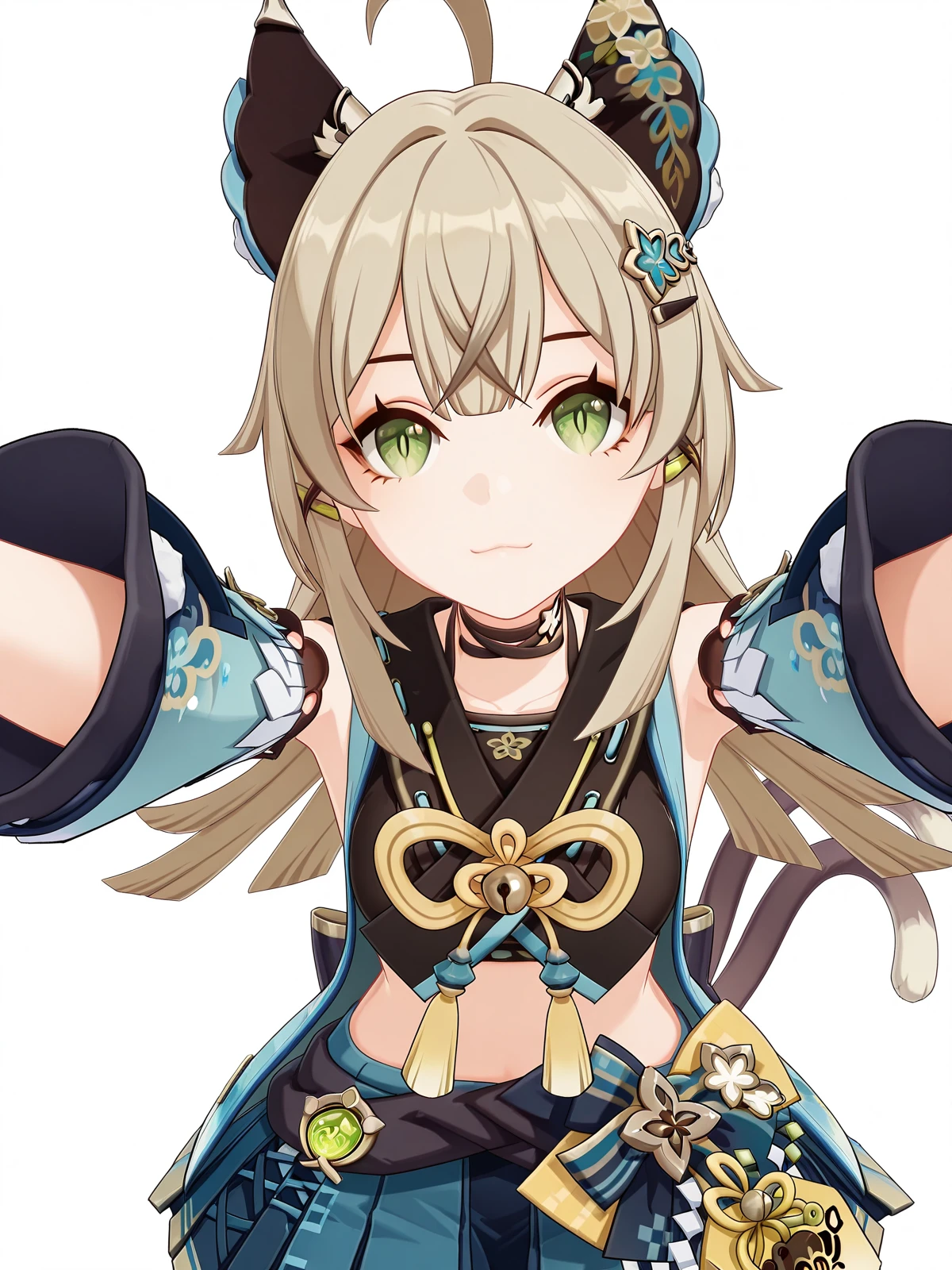 masterpiece, best quality, amazing quality,, <lora:genshin-kirara-ingame-illustriousxl-lora-nochekaiser:1>, kirara, kirara (genshin impact), long hair, brown hair, hair ornament, animal ears, green eyes, tail, ahoge, sidelocks, hairclip, cat ears, cat tail, light brown hair, cat girl, multiple tails, two tails, nekomata, mature female, small breasts, 3d, skirt, long sleeves, bare shoulders, pleated skirt, detached sleeves, choker, midriff, miniskirt, vest, crop top, blue skirt, black choker, black tank top, nekomata, sleeveless coat, on back, arm support, arms up, incoming hug, pov, reaching, reaching towards viewer,, school hallway, lockers, between classes, everyday life, cowboy shot, solo, looking at viewer, <lora:transparent-background-illustriousxl-lora-nochekaiser:1>, transparent background, simple background, white background