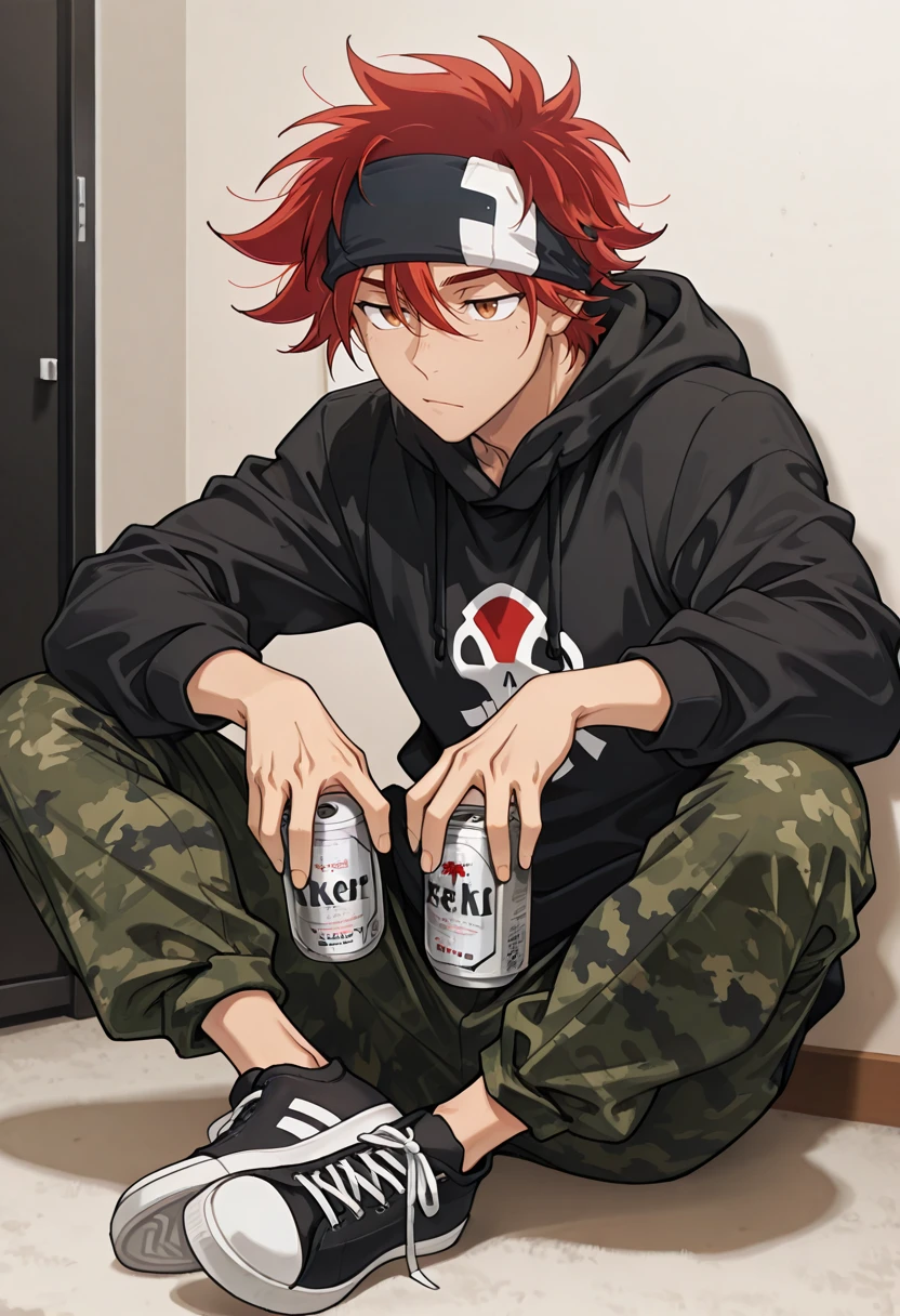 very awa, masterpiece, best quality, absurdres, newest, perfect quality, detailed background, intricate details, solo,
<lora:ILSk8R3ki:1>
Sk8R3ki, 1boy, male focus, red hair, hair between eyes, messy hair, short hair, brown eyes, headband, male focus, hood down, black hoodie, sitting, camouflage pants, sneakers, shoes, holding can, closed mouth, long sleeves, indoors, black footwear, full body, beer can, black jacket, cross-laced footwear, alcohol