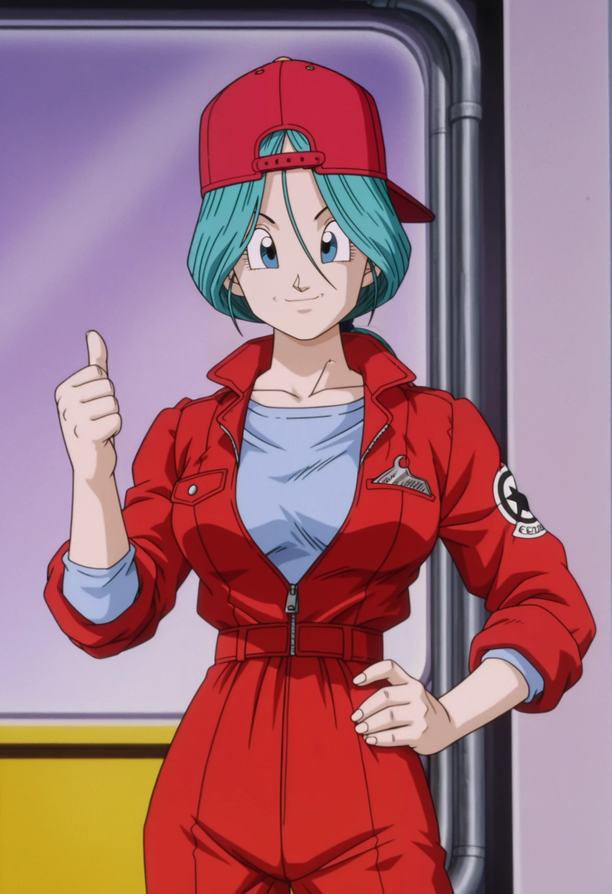 bulma (future), 1girl, mature female, long hair, low ponytail, looking at viewer, light smile, red cap, backwards hat, red jacket, sleeves rolled up, zipper, shirt, medium breasts, standing, cowboy shot, hand up, thumbs up, hand on hip, red pants, indoors, blurry, anime coloring, anime screencap, masterpiece, best quality, highres, highly detailed, intricate details, absurdres, very awa, very aesthetic, newest