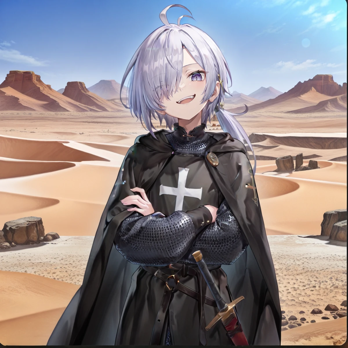 masterpiece,best quality,absurdres,detailed skin,detailed eyes,anime colored,anime screencap,
<lora:nio-000007:0.8>,1 boy,nio,smirk,looking at viewer,open mouth,cowboy shot,ponytail,hair over one eye,solo,ahoge,
chainmail shirt with tunic,black tunic,white cross on tunic,no headwear,
black cape,crossed arms,head tilt,sheathed sword,
<lora:crusaders-000010:0.8>,
outdoors,desert,