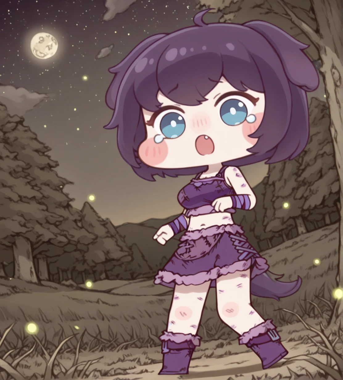 1girl, wild hips, huge breasts, surprised, open mouth, wide-eyed, :o, closed eyes, crying, sepia, solo, tears,
meadow, night, fireflies, grass, tree, moon, starry sky, magical,
(official style:1.3),deformed,
mob(kemono)(trickcal),
Chopi,
dog girl,
floppy ears,animal ears,dog ears,
purple hair,short hair,bangs,ahoge,
blue eyes,eyes visible through hair,
dog tail,
scratches,
fang,
dirty clothes,patchwork clothes,
crop top, tank top, sleeveless shirt,purple tank top,
midriff,navel,
bandaged arm,purple bandages,
miniskirt, purple skirt,leather skirt,fur-trimmed skirt,
ankle boots,fur-trimmed boots,purple boots,belt boots,\
intricate details,detailed background,(dynamic pose:1.2),
<lora:noobaiXLNAIXL_epsilonPred11Version-lora:0.1> <lora:mobkemonotrickcal:1.2>