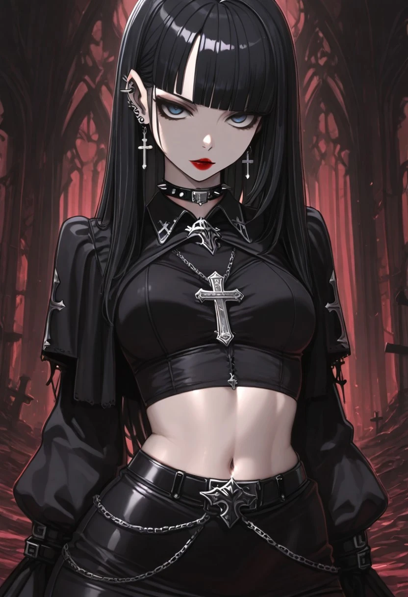 masterpiece, best quality, highres, gothic style, dark atmosphere, dark fantasy, cross, spiked choker, cross earrings, piercing, bangs, ear piercing, gothic, blunt bangs, black hair, red lipstick, pencil skirt, navel, midriff, curto top, sleveless, gloveless, (blunt bangs, side bangs),