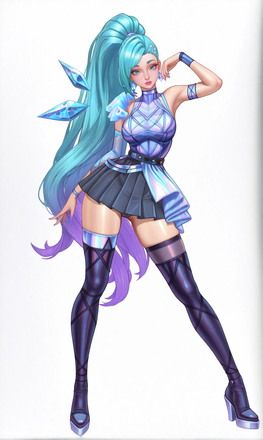 masterpiece, best quality, amazing quality, absurdres,
, , , , <lora:KDA_ALLO_SS_Seraphine-e100_s1300:1> KDA_A_O_SSt_Seraphene, long hair, aqua blue hair, high ponytail, side-swept bang, blue eyes, slim body, purple blue outfit ,sleeveless dress, crossed straps, dark pleated skirt, thigh-high boots, heels, blue arm bands , single sleeve, dynamic pose, <lora:CellldrawzzNoob_byKonan:1.5> monochrome, traditional media