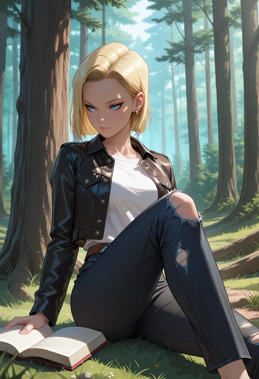 very awa, masterpiece, best quality, absurdres, newest, perfect quality, detailed background, intricate details
<lora:ILDBAndr01d18:1>
DBAndr01d18, 1girl, blonde hair, blue eyes, short hair, torn pants, tree, nature, torn clothes, leather jacket, open book, torn jeans, sitting, outdoors, black jacket, forest, grass, long sleeves, open jacket, black pants, jewelry, earrings