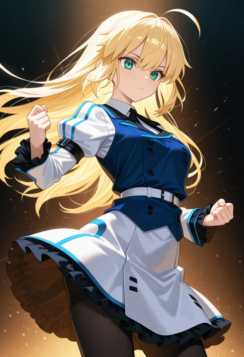 masterpiece, best quality, amazing quality, highres, absurdres, high resolution, ultra detailed, perfect details, aesthetic, ultra-detailed, high quality, newest, scenery, extreme detail, 8k, light particles, soft lighting, volumetric lighting, intricate details, finely detailed, detailed eyes, 1girl, solo, artoria_pendragon_(fate), blonde hair, hair down, long hair, green eyes, white collar with blue trim, blue isuni_vest, isuni_long dress, notched collar with blue trim, white isuni_uniform with blue trim, long sleeves with blue trim, frilly skirt, frilly sleeve trim, white belt, long dress, white and black long skirt with blue trim, black pantyhose, puffy sleeves, armbands, juliet sleeves, standing, contrapposto, arching back, cowboy shot, fighting stance, hands up, frowning