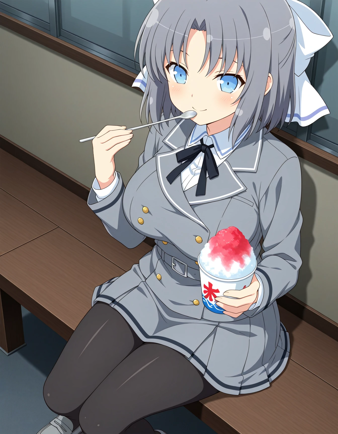 official style,masterpiece,best quality,very aesthetic,absurdres,newest,anime coloring,anime screencap,anime style,<lora:A dmd2-lighting8step_cfg1.5:1>,yumi \(senran kagura\),short hair,grey hair,blue eyes,white hair bow,large breasts,grey jacket,school uniform,black neck ribbon,white shirt,double-breasted,black pantyhose,grey belt,grey skirt,grey footwear,<lora:Yumi_V3:1>,blush,sitting,solo,smile,holding shaved ice,eating,