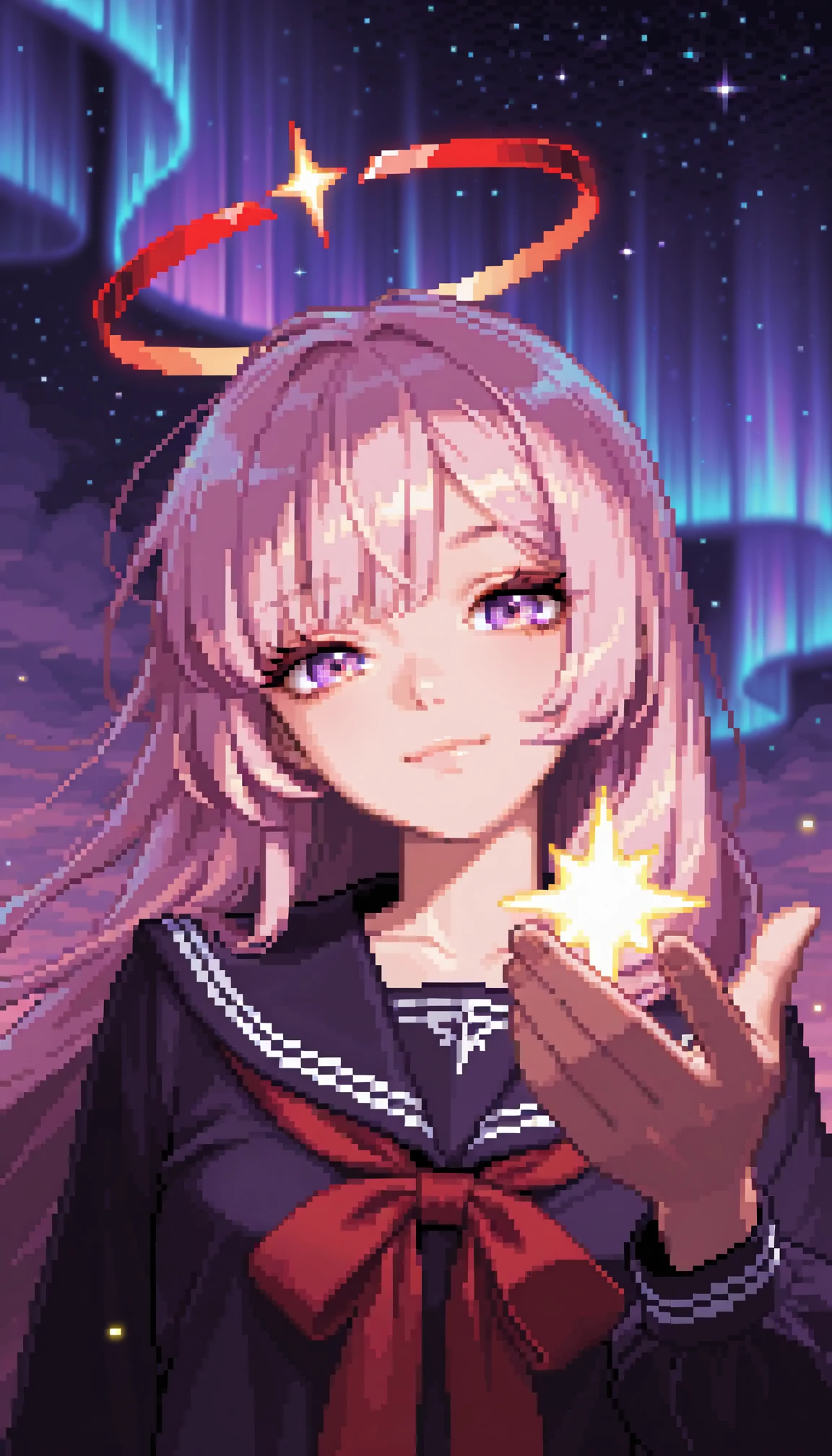 masterpiece, best quality, amazing quality, 4k, very aesthetic, ultra-detailed, (pixel art, dithering, pixelated, sprite art, 8-bit:1.2), 1girl, solo, fashion photography of busty cute girl, (cute:1.2), pink hair, long hair, choppy bangs, nebulae cosmic purple eyes, rimlit eyes, light smile, purple serafuku, big red ribbon, red annular solar eclipse halo, hand, glowing star in hand, from below, dutch angle, portrait, upper body, head tilt, colorful, rim light, backlit, (colorful light particles:1.2), cosmic sky, aurora, chaos, perfect night, fantasy background, BREAK, detailed background, depth of field, volumetric lighting