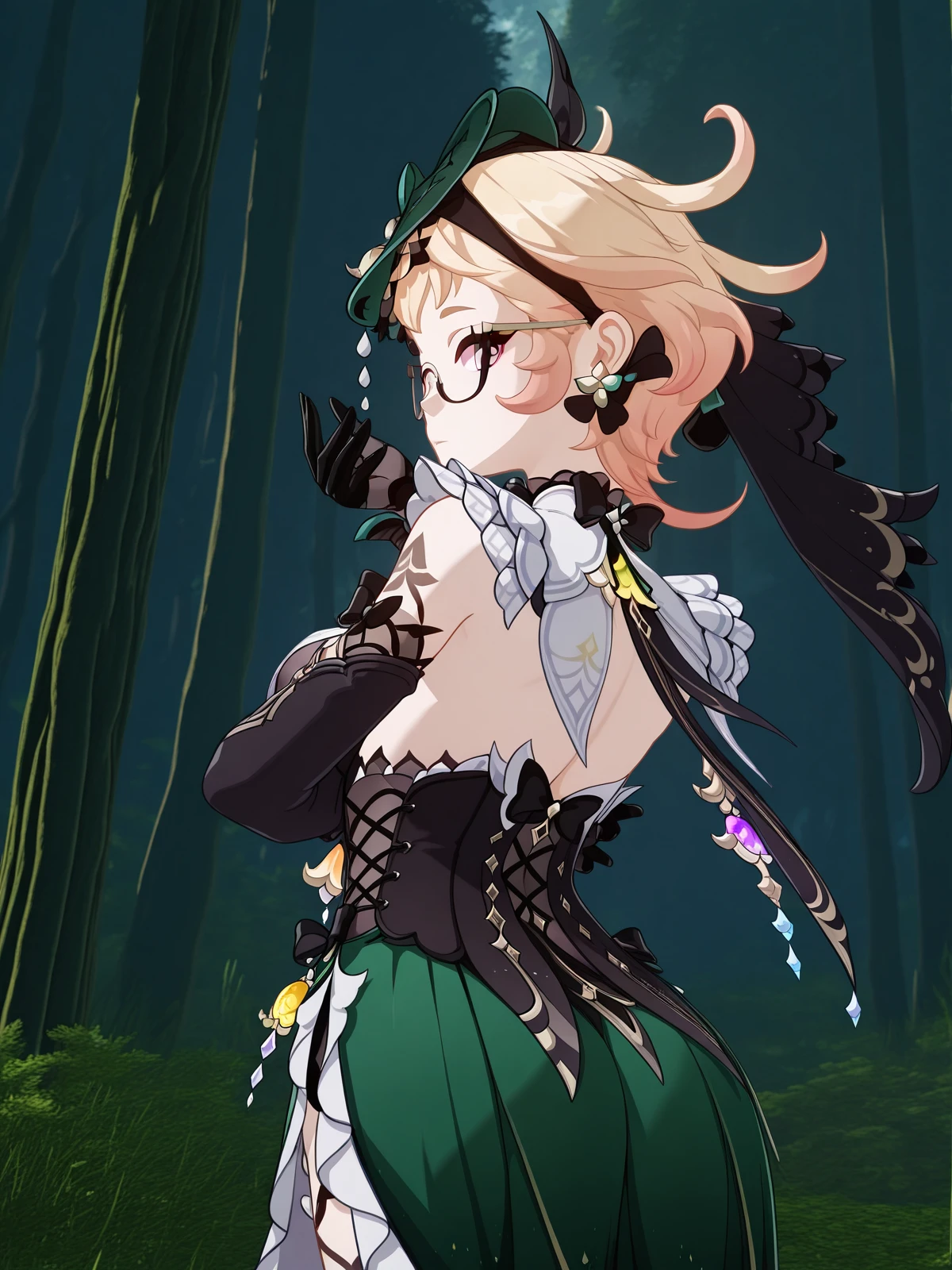 masterpiece, best quality, amazing quality,, <lora:genshin-emilie-ingame-illustriousxl-lora-nochekaiser:1>, emilie, emilie (genshin impact), short hair, blonde hair, pink eyes, ahoge, multicolored hair, glasses, gradient hair, semi-rimless eyewear, mature female, medium breasts, 3d, bare shoulders, black bow, black bowtie, black corset, black gloves, black ribbon, black shirt, bowtie, breast curtains, corset, detached sleeves, fascinator, green hat, green skirt, hat, long sleeves, side slit, skirt, sleeveless, sleeveless shirt,, <lora:dio-brandos-pose-illustriousxl-lora-nochekaiser:1>, dio brandos pose, dio brando's pose (jojo), from behind, jojo pose, standing, cowboy shot, forest, trees, foliage, wildlife, greenery, cowboy shot, solo, looking at viewer,