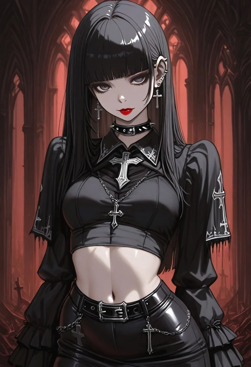 masterpiece, best quality, highres, gothic style, dark atmosphere, dark fantasy, cross, spiked choker, cross earrings, piercing, bangs, ear piercing, gothic, blunt bangs, black hair, red lipstick, pencil skirt, navel, midriff, curto top, sleveless, gloveless,