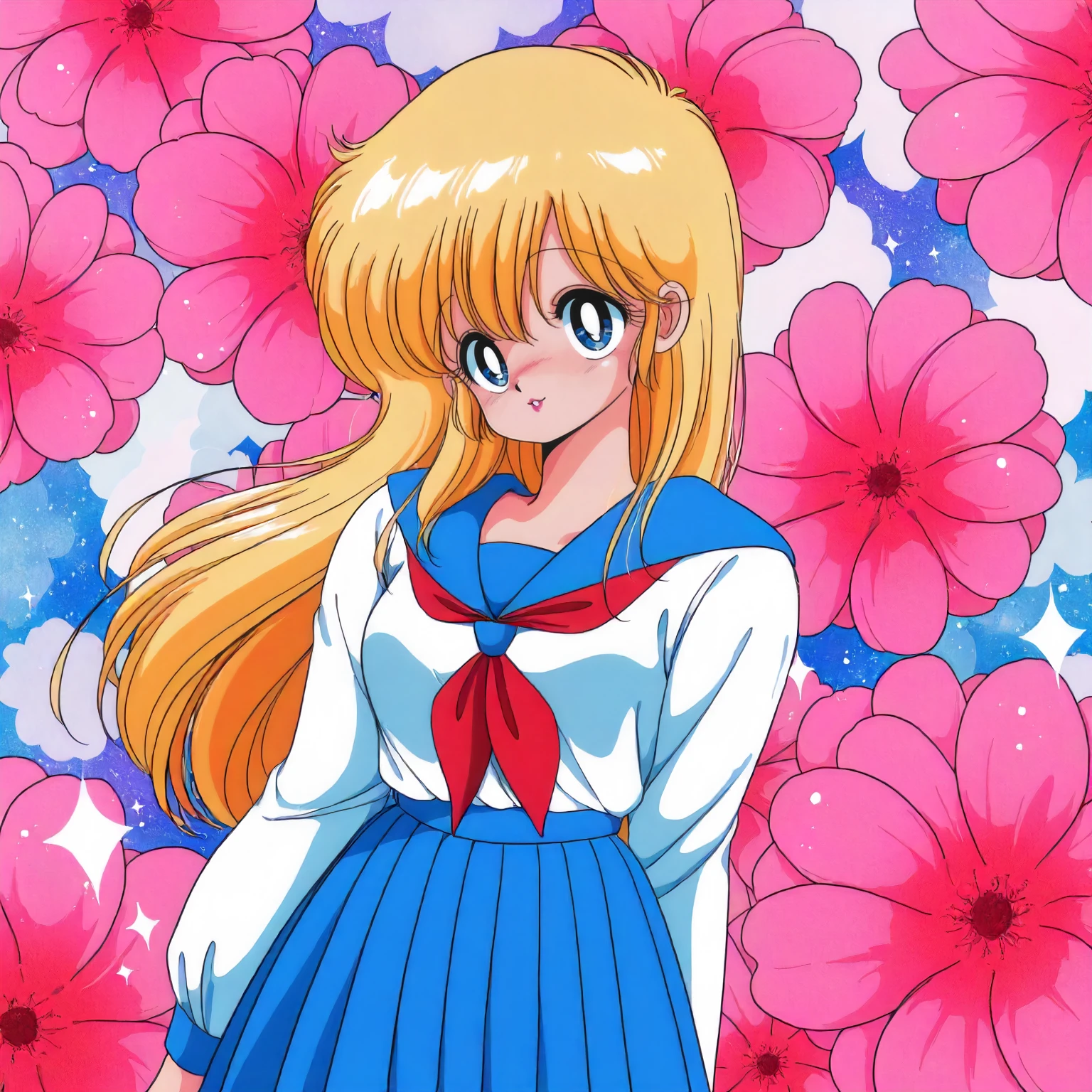 <lora:1+2P_nakamura_yukaXLIllustrious002>,
masterpiece,best quality,good quality,newest,
flower background,glitter,
smile,parted lips,
looking at viewer,
solo,
anime coloring,retro artstyle,1980s (style),
nakamura_yuka\(1+2=paradise\),1girl,blonde hair,long hair,blue eyes,lips,
blue sailor color,white shirt,red_neckerchief,long_sleeves,
blue skirt,pleated_skirt,
cowboy shot,
standing,