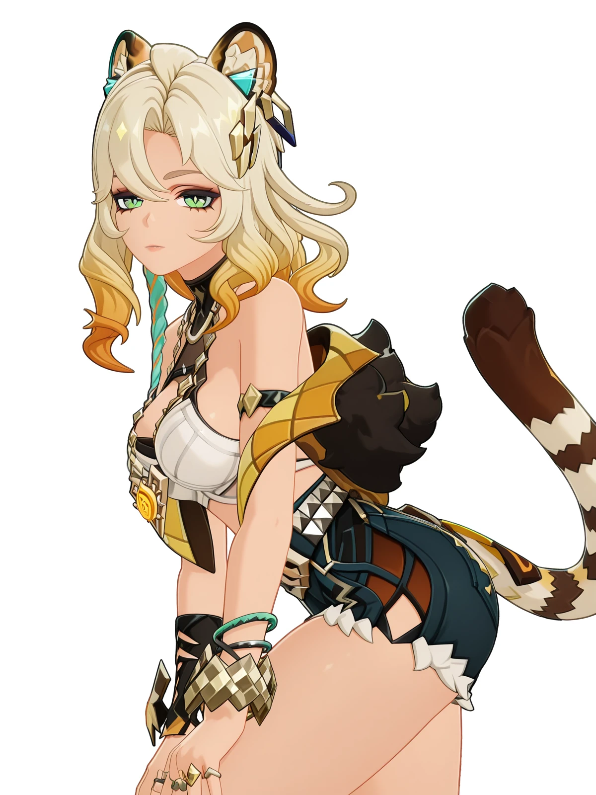 masterpiece, best quality, amazing quality,, <lora:genshin-xilonen-ingame-illustriousxl-lora-nochekaiser:1>, xilonen, xilonen (genshin impact), long hair, blonde hair, hair ornament, animal ears, green eyes, tail, multicolored hair, gradient hair, tiger ears, tiger tail, tiger girl, mature female, large breasts, 3d, jewelry, bare shoulders, jacket, shorts, off shoulder, bracelet, fur trim, short shorts, sideboob, black shorts, ring, denim shorts,, hands on own knees, stadium, seats, field, game, large, cowboy shot, solo, looking at viewer, <lora:transparent-background-illustriousxl-lora-nochekaiser:1>, transparent background, simple background, white background
