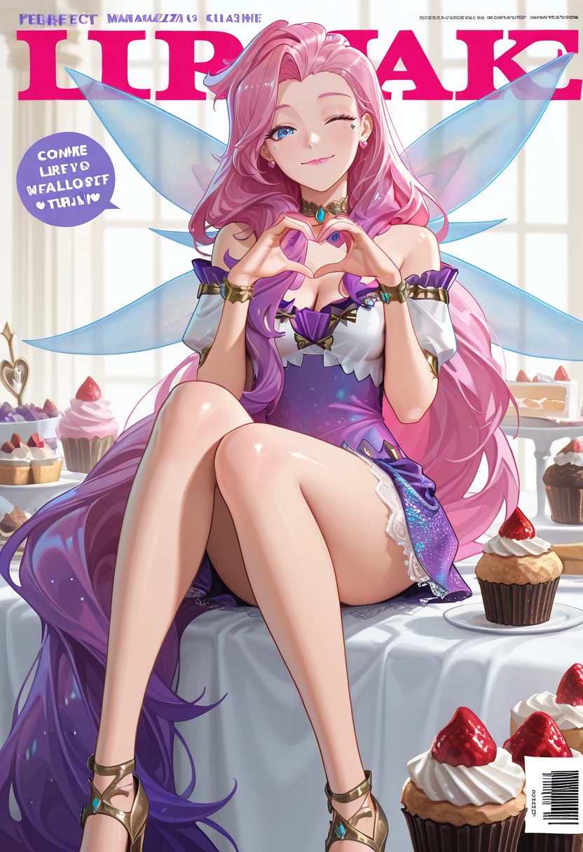 very awa, masterpiece, best quality, absurdres, newest, perfect quality, detailed background, intricate details, solo,
<lora:ILLOLSeraphine:1>
LOLSeraphine, 1girl, blue eyes, pink hair, long hair, asymmetrical bangs, fairy wings, jewelry, closed mouth, sitting, food-themed earrings, heart hands, cleavage, pink dress, cupcake, one eye closed, high heels, shoulders, lace trim, smile, shiny, cake, lace-trimmed shoulder, lipstick, magazine cover, detached sleeves