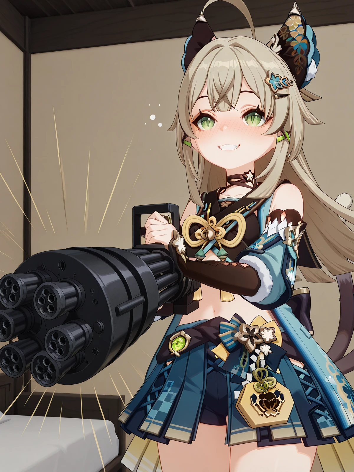 masterpiece, best quality, amazing quality,, <lora:genshin-kirara-ingame-illustriousxl-lora-nochekaiser:1>, kirara, kirara (genshin impact), long hair, brown hair, hair ornament, animal ears, green eyes, tail, ahoge, sidelocks, hairclip, cat ears, cat tail, light brown hair, cat girl, multiple tails, two tails, nekomata, mature female, small breasts, 3d, skirt, long sleeves, bare shoulders, pleated skirt, detached sleeves, choker, midriff, miniskirt, vest, crop top, blue skirt, black choker, black tank top, nekomata, sleeveless coat, <lora:gatling-gun-illustriousxl-lora-nochekaiser:1>, gatling gun, gun, holding, holding gun, holding weapon, minigun, solo, grin, teeth, cowboy shot, simple background, speed lines,, indoors, bed, bedroom, on side, blush, drunk, cowboy shot, solo, looking at viewer,