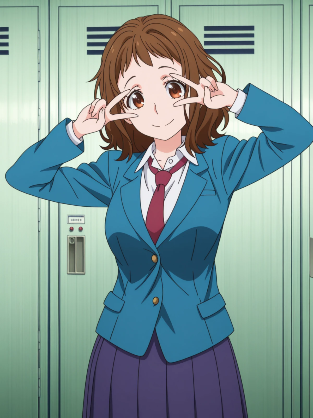 masterpiece, best quality, amazing quality,, <lora:miou-aida-movie-illustriousxl-lora-nochekaiser:1>, miou aida, short hair, brown hair, brown eyes, mature female, , anime screencap, skirt, jacket, pleated skirt, necktie, blazer, blue blazer, shirt, white shirt, collared shirt, red necktie, blue skirt,, v, v over eyes,, changing room, lockers, benches, clothes, privacy, cowboy shot, solo, looking at viewer,