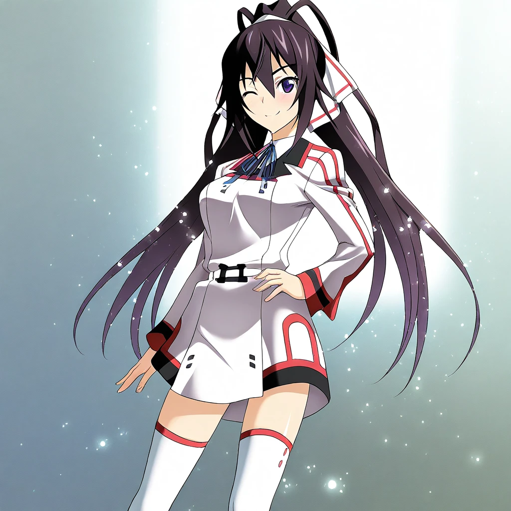 masterpiece, best quality, amazing quality, highres, absurdres, high resolution, ultra detailed, perfect details, aesthetic, ultra-detailed, high quality, newest, scenery, extreme detail, 8k, light particles, soft lighting, volumetric lighting, intricate details, finely detailed, detailed eyes, 1girl, solo, shinonono houki, hair between eyes, purple eyes, black hair, long hair, ponytail, split ponytail, white hair ribbon with red trim, blue neck ribbons, isuni_short dress, notched collar with red trim, white isuni_uniform with red trim, long sleeves with red trim, white belt, short dress, white and black skirt with red trim, white thighhighs with red trim, standing, smiling, winking