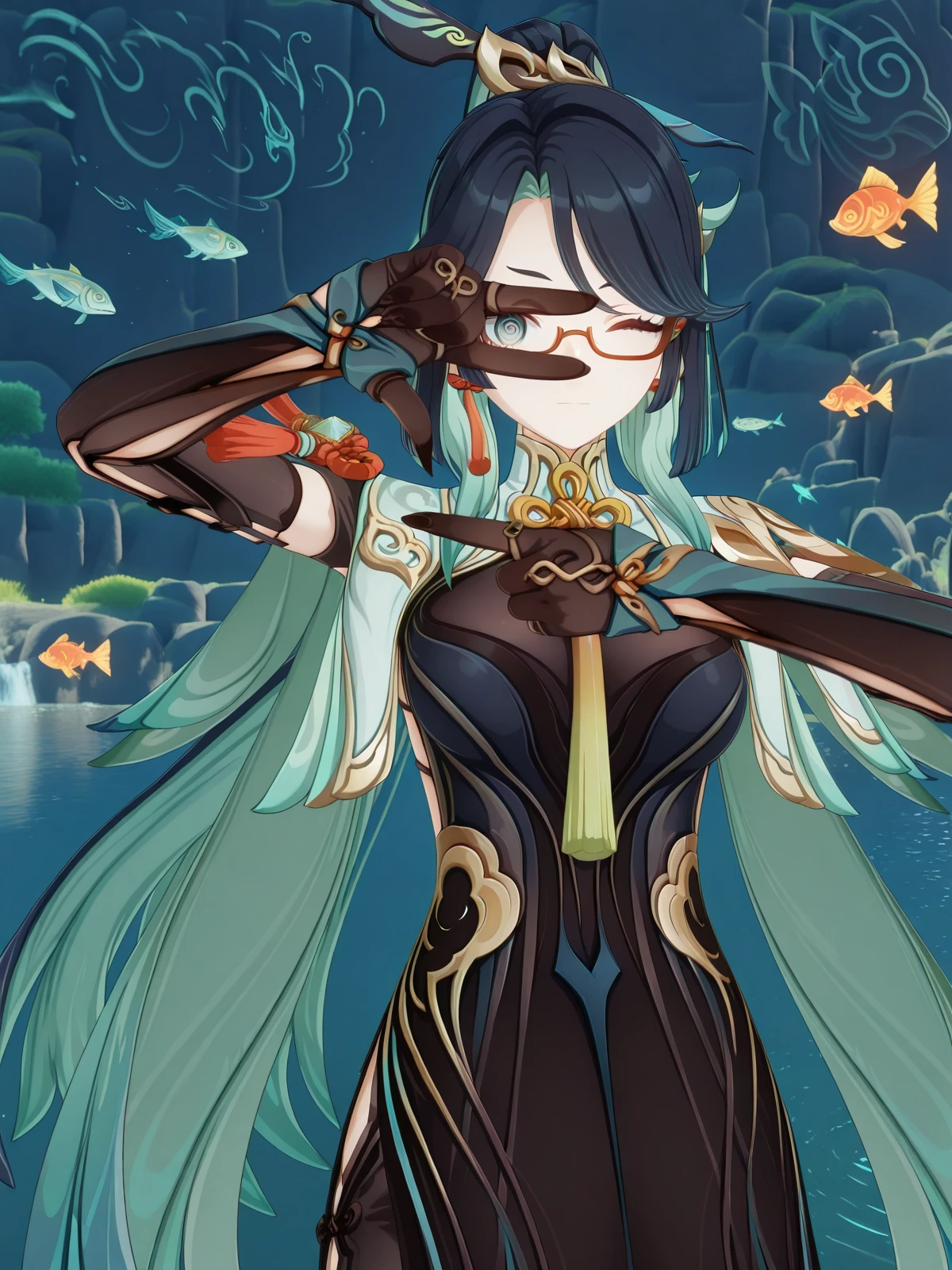 masterpiece, best quality, amazing quality,, <lora:genshin-xianyun-ingame-illustriousxl-lora-nochekaiser:1>, xianyun, xianyun (genshin impact), long hair, black hair, hair ornament, very long hair, blue hair, multicolored hair, green hair, glasses, two-tone hair, aqua eyes, aqua hair, colored inner hair, semi-rimless eyewear, red-framed eyewear, mature female, large breasts, 3d, long sleeves, gloves, dress, jewelry, earrings, black gloves, black dress, tassel, tassel earrings, <lora:makima-finger-frame-illustriousxl-lora-nochekaiser:1>, makimafingerframe, solo, looking at viewer, ringed eyes, dark, finger frame, one eye closed, hands up, arm up,, river, flowing, fish, banks, current, cowboy shot, solo, looking at viewer,