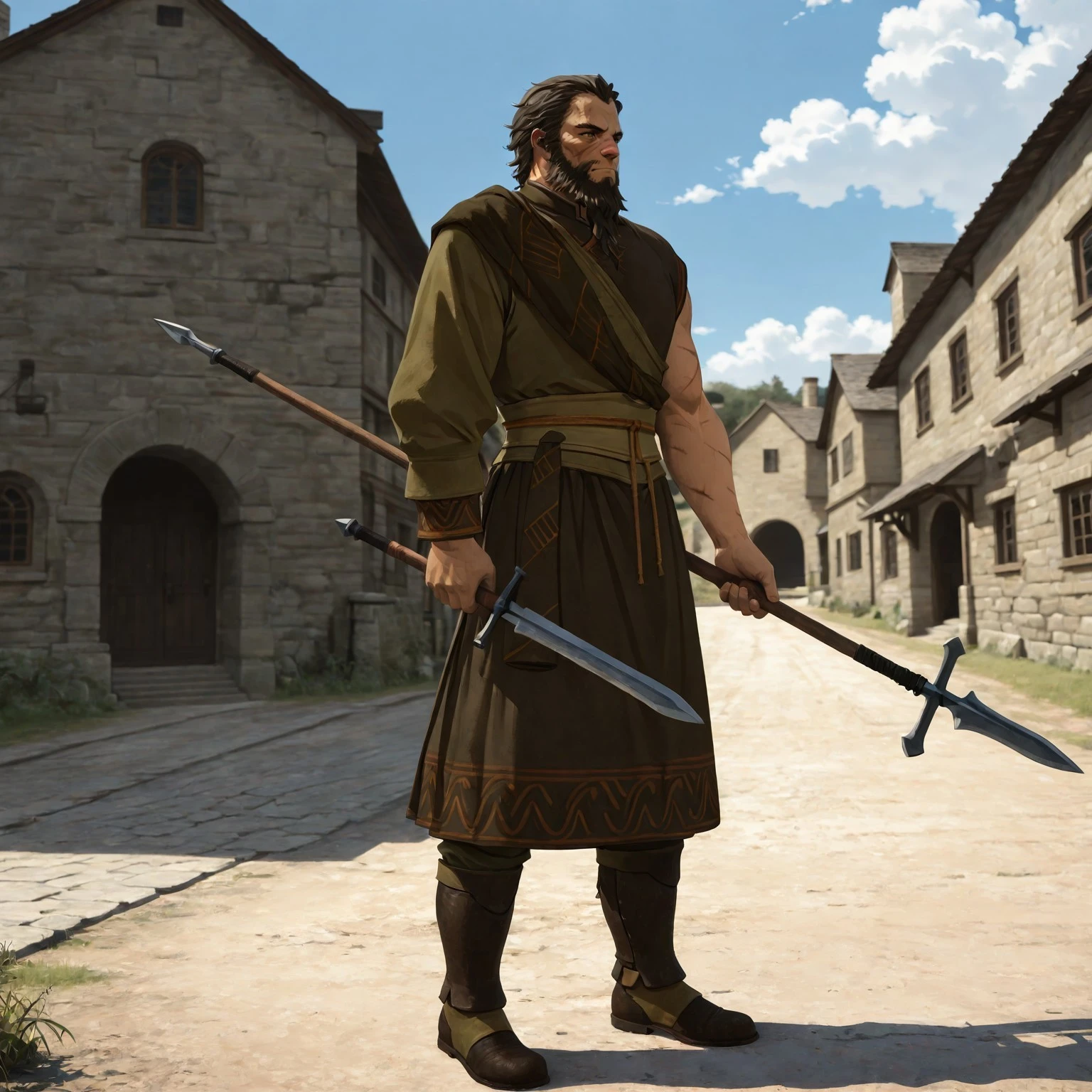 masterpiece, absurd res, best quality, newest, 2024, 8k, 4k, solo male, Nader, yellow eyes, scars, beard, full body, holding weapon, polearm, standing, outdoors, medieval, road, houses,
