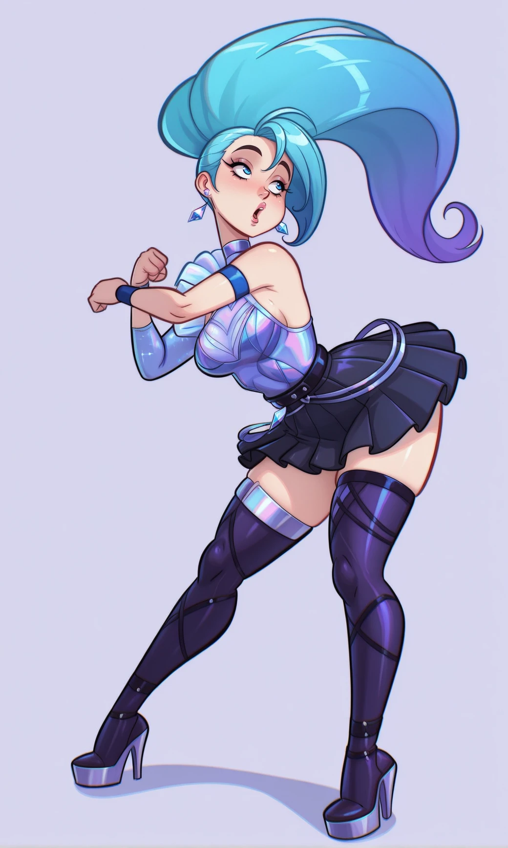 masterpiece, best quality, amazing quality, absurdres,
, , , , <lora:KDA_ALLO_SS_Seraphine-e100_s1300:1> KDA_A_O_SSt_Seraphene, long hair, aqua blue hair, high ponytail, side-swept bang, blue eyes, slim body, purple blue outfit ,sleeveless dress, crossed straps, dark pleated skirt, thigh-high boots, heels, blue arm bands , single sleeve, dynamic pose, <lora:Psycoyote_Style_LoRAs:1.3> p5yc0y0t3,