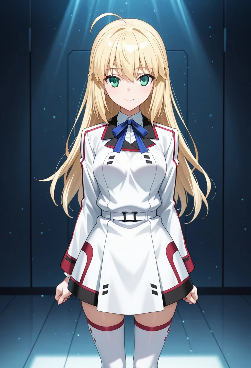 masterpiece, best quality, amazing quality, highres, absurdres, high resolution, ultra detailed, perfect details, aesthetic, ultra-detailed, high quality, newest, scenery, extreme detail, 8k, light particles, soft lighting, volumetric lighting, intricate details, finely detailed, detailed eyes, 1girl, solo, 1girl, solo, artoria_pendragon_(fate), blonde hair, hair down, long hair, green eyes, blue neck ribbons, isuni_short dress, notched collar with red trim, white isuni_uniform with red trim, long sleeves with red trim, white belt, short dress, white and black skirt with red trim, white thighhighs with red trim, standing, smiling, winking