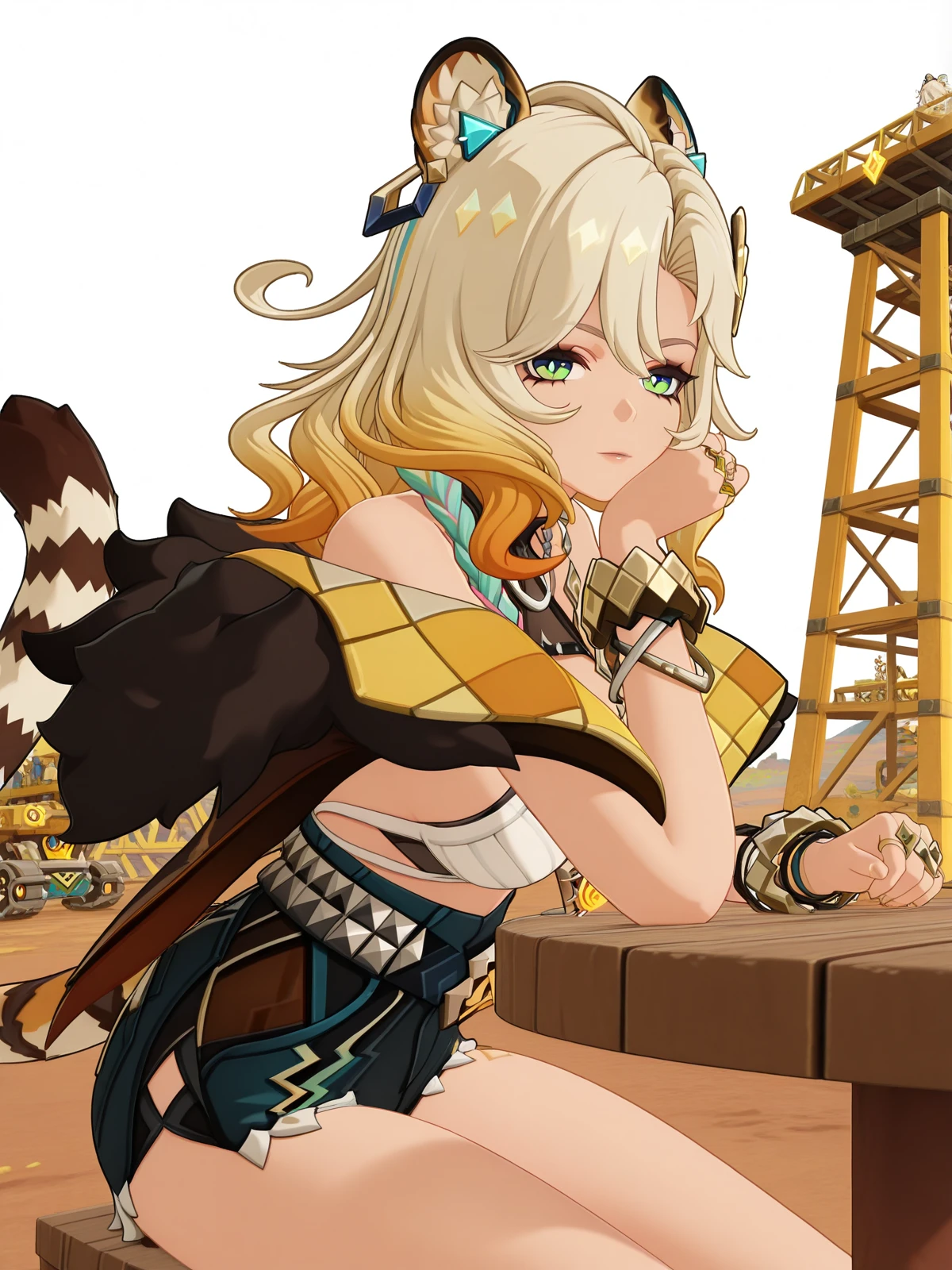 masterpiece, best quality, amazing quality,, <lora:genshin-xilonen-ingame-illustriousxl-lora-nochekaiser:1>, xilonen, xilonen (genshin impact), long hair, blonde hair, hair ornament, animal ears, green eyes, tail, multicolored hair, gradient hair, tiger ears, tiger tail, tiger girl, mature female, large breasts, 3d, jewelry, bare shoulders, jacket, shorts, off shoulder, bracelet, fur trim, short shorts, sideboob, black shorts, ring, denim shorts,, sitting, head rest, table,, construction site, machines, workers, progress, dirt, cowboy shot, solo, looking at viewer, <lora:transparent-background-illustriousxl-lora-nochekaiser:1>, transparent background, simple background, white background