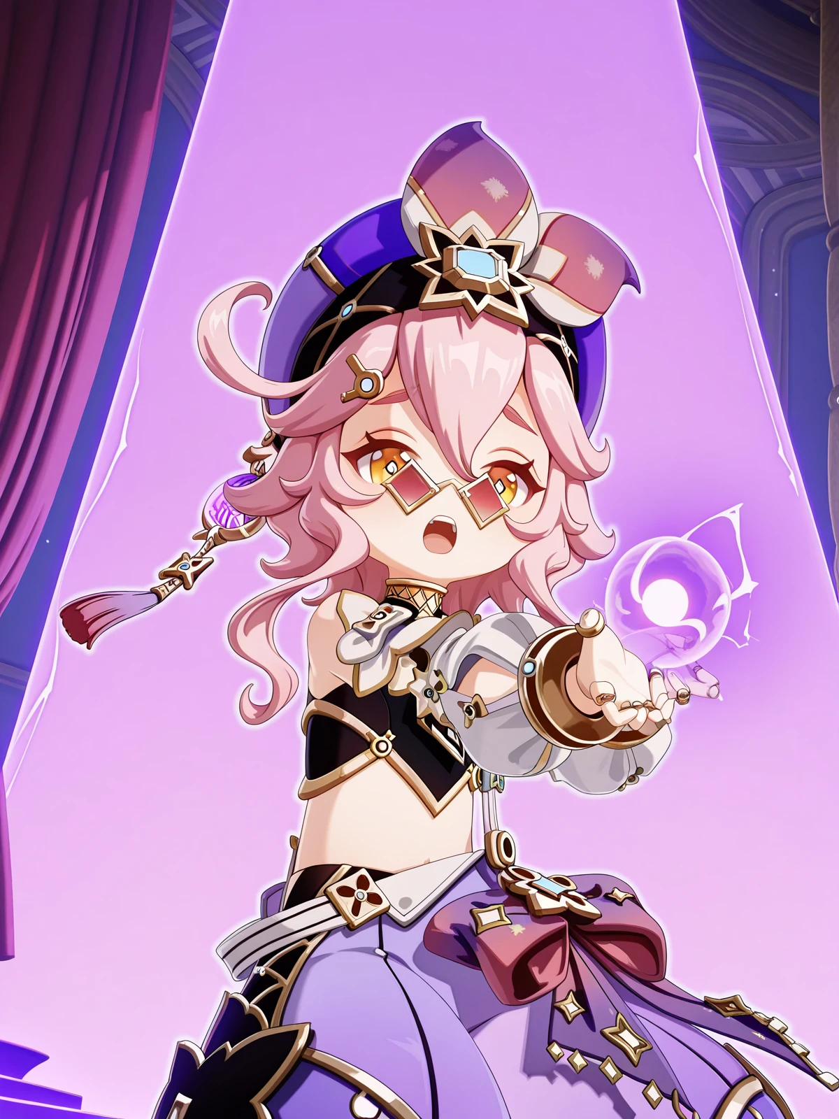 masterpiece, best quality, amazing quality,, <lora:genshin-dori-ingame-illustriousxl-lora-nochekaiser:1>, dori, dori (genshin impact), hair ornament, hair between eyes, yellow eyes, pink hair, ahoge, sidelocks, symbol-shaped pupils, sunglasses, short hair with long locks, 3d, shirt, long sleeves, hair ornament, hat, jewelry, bare shoulders, detached sleeves, sleeveless, pants, puffy sleeves, midriff, stomach, bracelet, crop top, black shirt, sleeveless shirt, sunglasses, ring, puffy long sleeves, white sleeves, tinted eyewear, purple headwear, multiple rings, pince-nez, purple pants, puffy detached sleeves, arabian clothes, puffy pants, harem pants, <lora:kamehameha-illustriousxl-lora-nochekaiser:1>, kamehameha, kamehameha (dragon ball), open mouth, outstrecthed arms, torn clothes, shouting, energy, energy beam, energy ball, electricity,, theater, stage, seats, performance, curtains, cowboy shot, solo, looking at viewer,