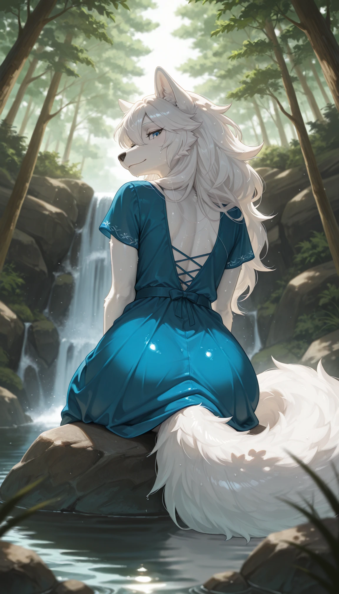 masterpiece, best quality, amazing quality, very aesthetic, 4k, high resolution, ultra-detailed, absurdres, newest, scenery, 1girl, furry, anthro, solo, white wolf girl, blue eyes, looking back at viewer, downturned eyes, light smile, clothed, blue dress, white long hair, face focus, from below, fisheye, backlit, rim light, dappled sunlight, sitting on the stone in the middle of lake, waterfall, nature, sacred forest, water around, wet fur, back, long fluffy tail, BREAK, detailed hair, depth of field, detailed fluffy fur, photorealistic details, volumetric lighting